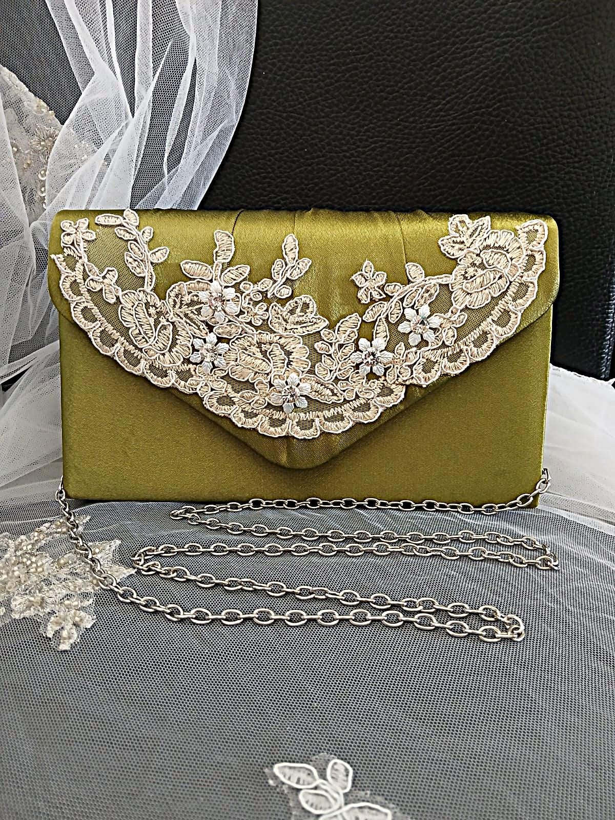 Olive Green Satin Evening Clutch: Wedding Handbag, Formal Purse