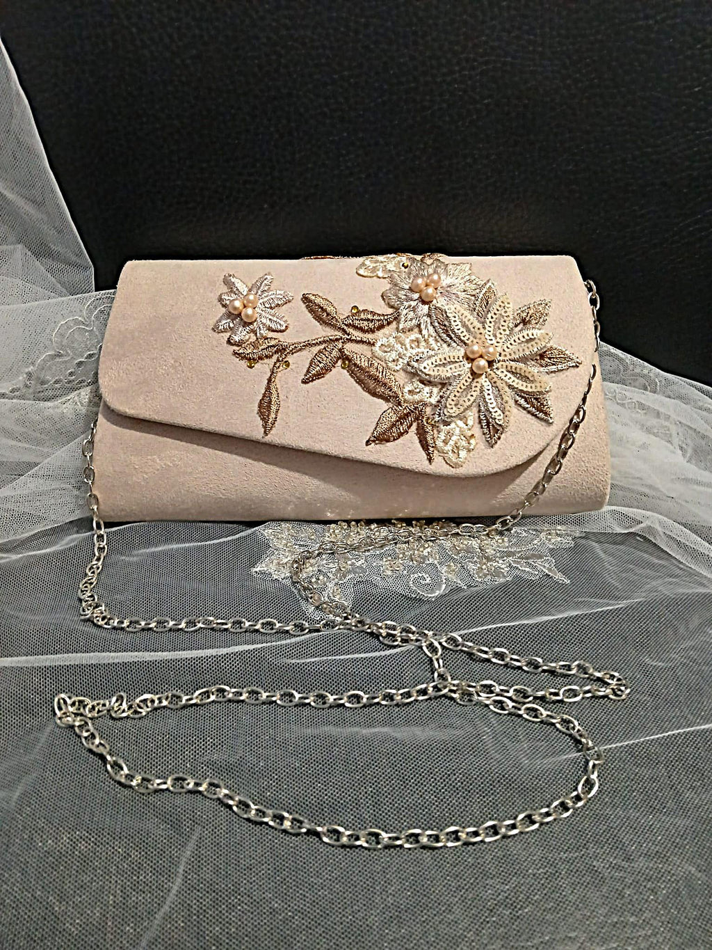 Dark Ivory Suede Evening Clutch Bag For Formal Event: Beige Flower, Chain Handle