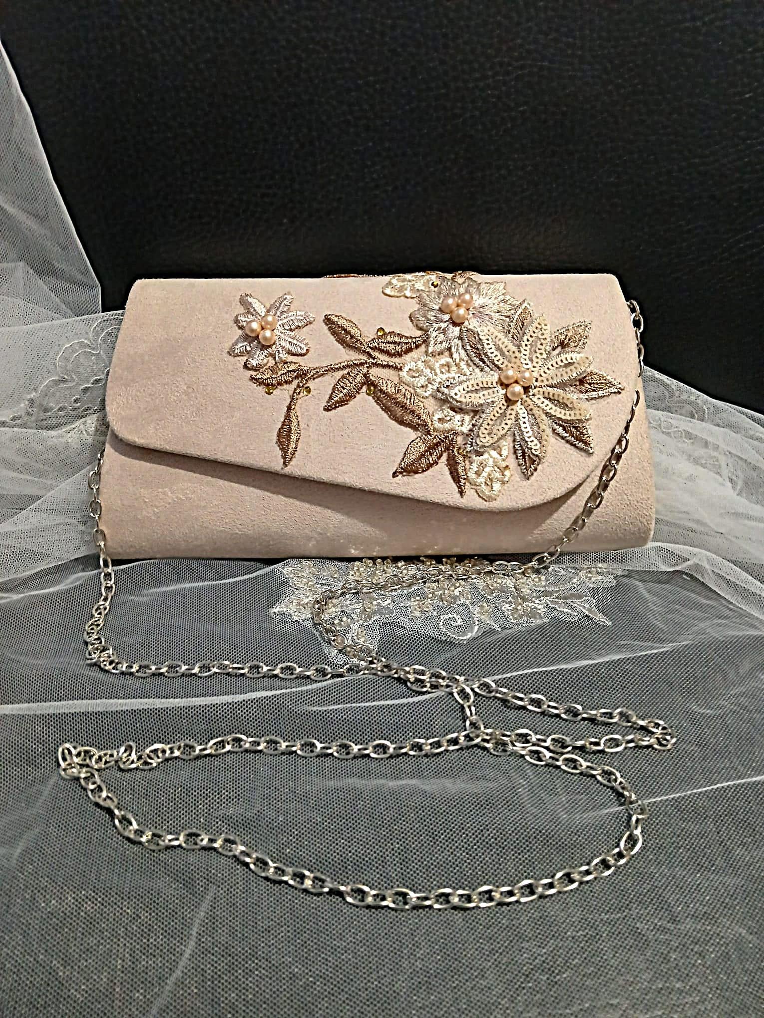 Dark Ivory Suede Evening Clutch Bag For Formal Event: Beige Flower, Chain Handle