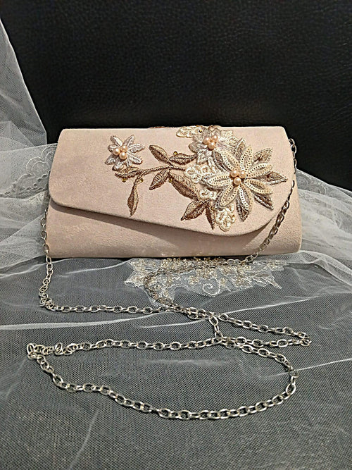 Dark Ivory Suede Evening Clutch Bag For Formal Event: Beige Flower, Chain Handle
