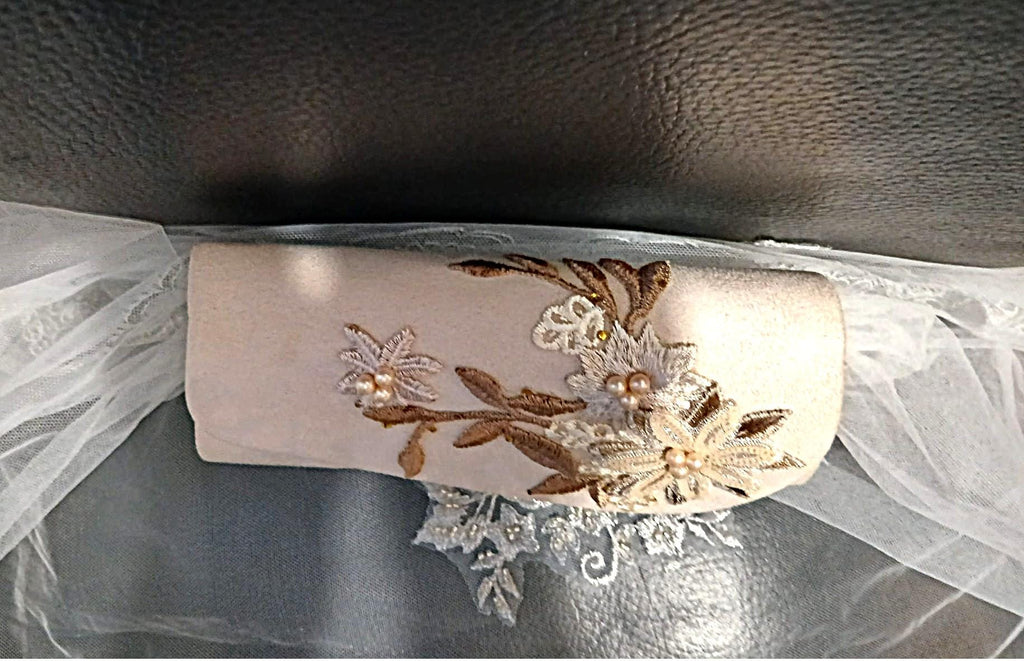 Dark Ivory Suede Evening Clutch Bag For Formal Event: Beige Flower, Chain Handle