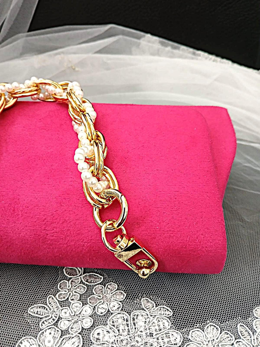 Fuchsia Pink Suede Clutch Bag With Pearl Handle, Evening Handbag