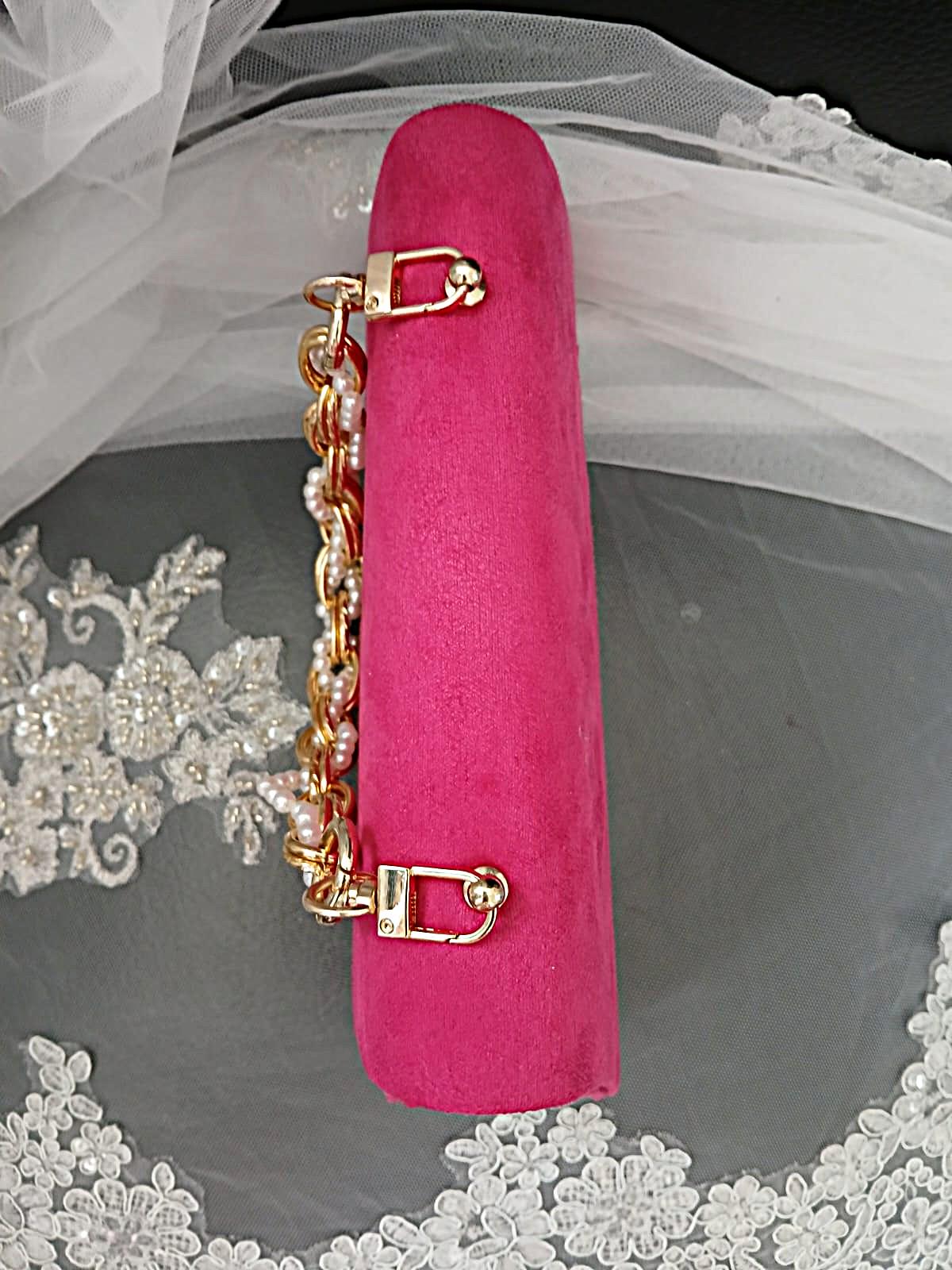 Fuchsia Pink Suede Clutch Bag With Pearl Handle, Evening Handbag