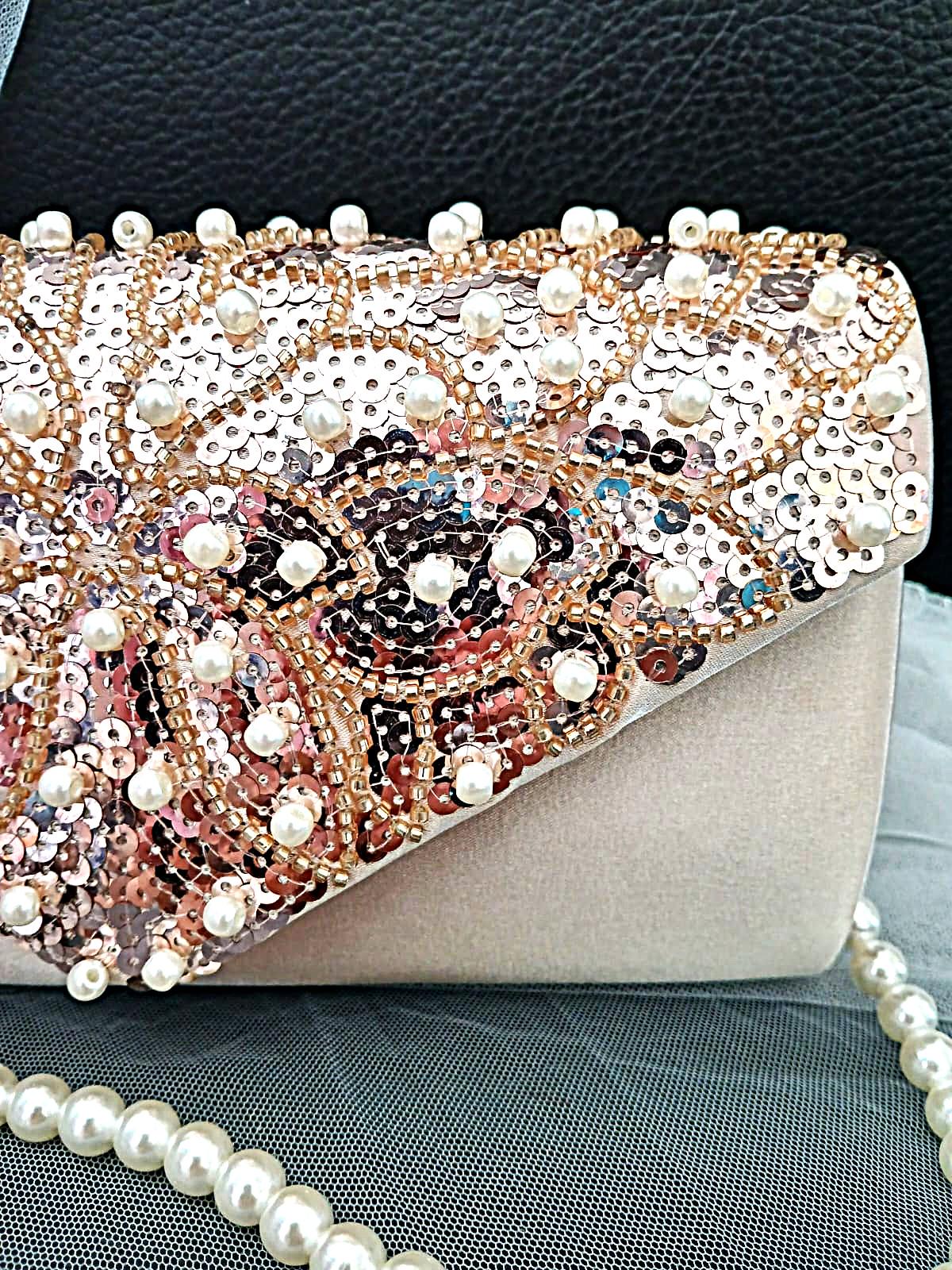 Champagne Satin Evening Clutch Bag: Pearl & Chain Handle Wedding Handbag