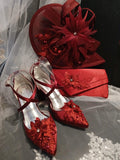 Burgundy Satin Shoe, Clutch & Hat Set: Wine Red Floral Block Heel