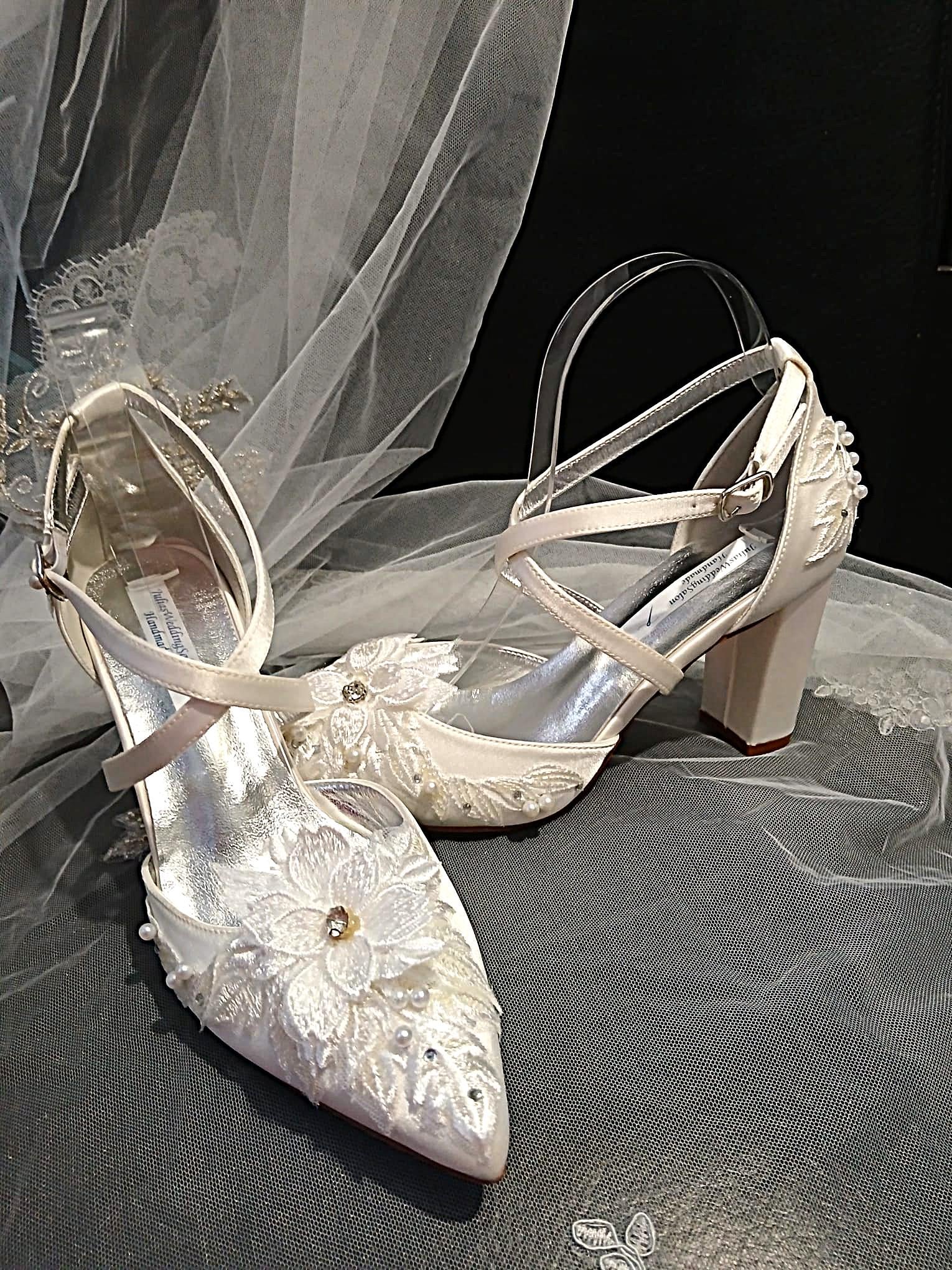 Ivory Satin Floral Block Heel Shoes Hat & Clutch Set For Formal Event