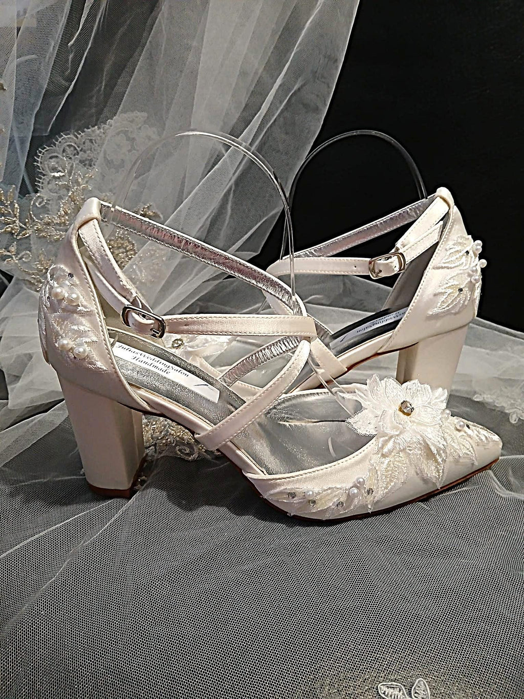Ivory Satin Floral Block Heel Shoes Hat & Clutch Set For Formal Event