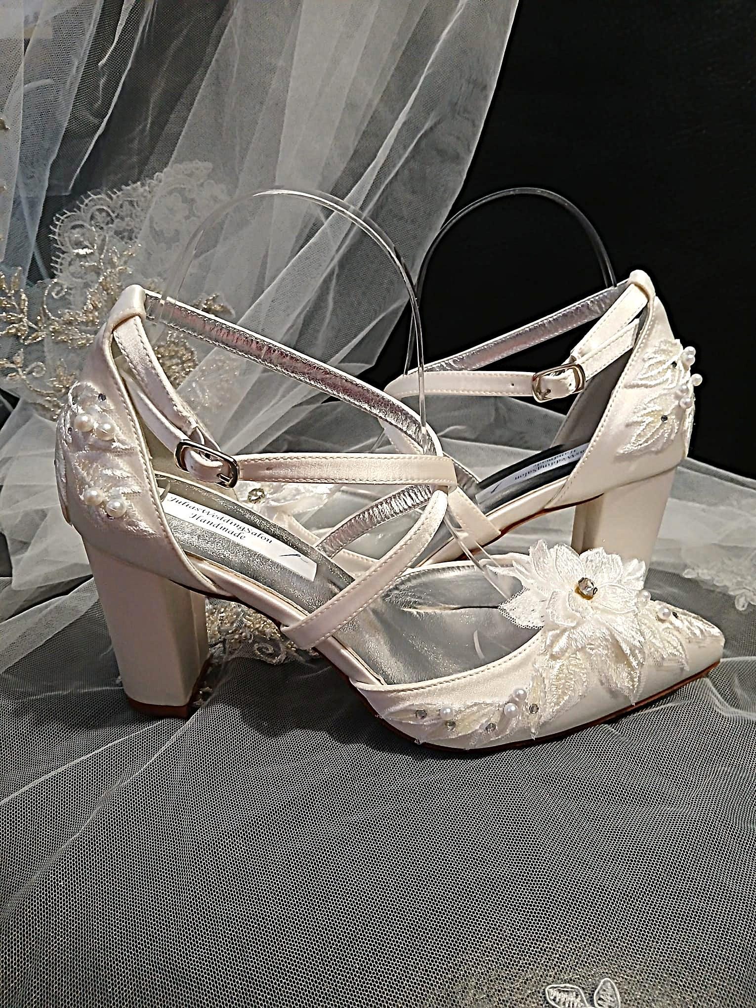 Ivory Satin Floral Block Heel Shoes Hat & Clutch Set For Formal Event