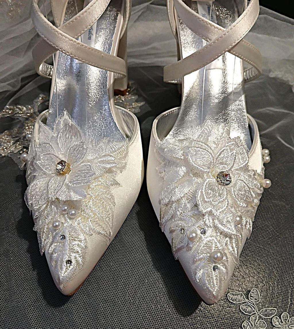Ivory Satin Floral Block Heel Shoes Hat & Clutch Set For Formal Event