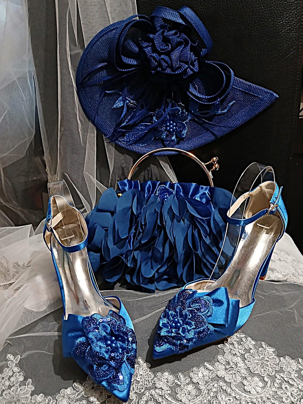 Royal Blue Floral Block Heel Shoe Set: Hat and Clutch, Formal Event Footwear