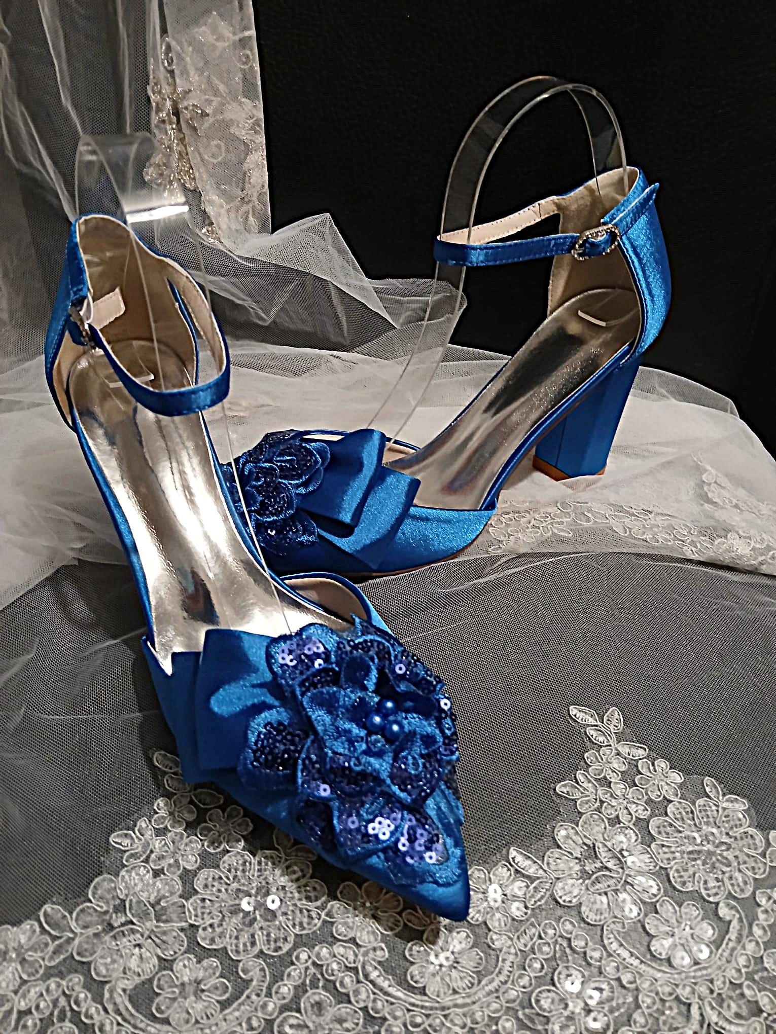 Royal Blue Floral Block Heel Shoe Set: Hat and Clutch, Formal Event Footwear