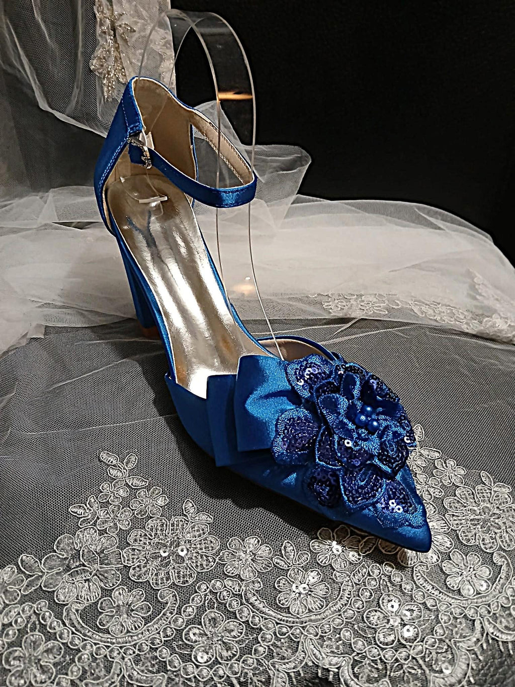 Royal Blue Floral Block Heel Shoe Set: Hat and Clutch, Formal Event Footwear