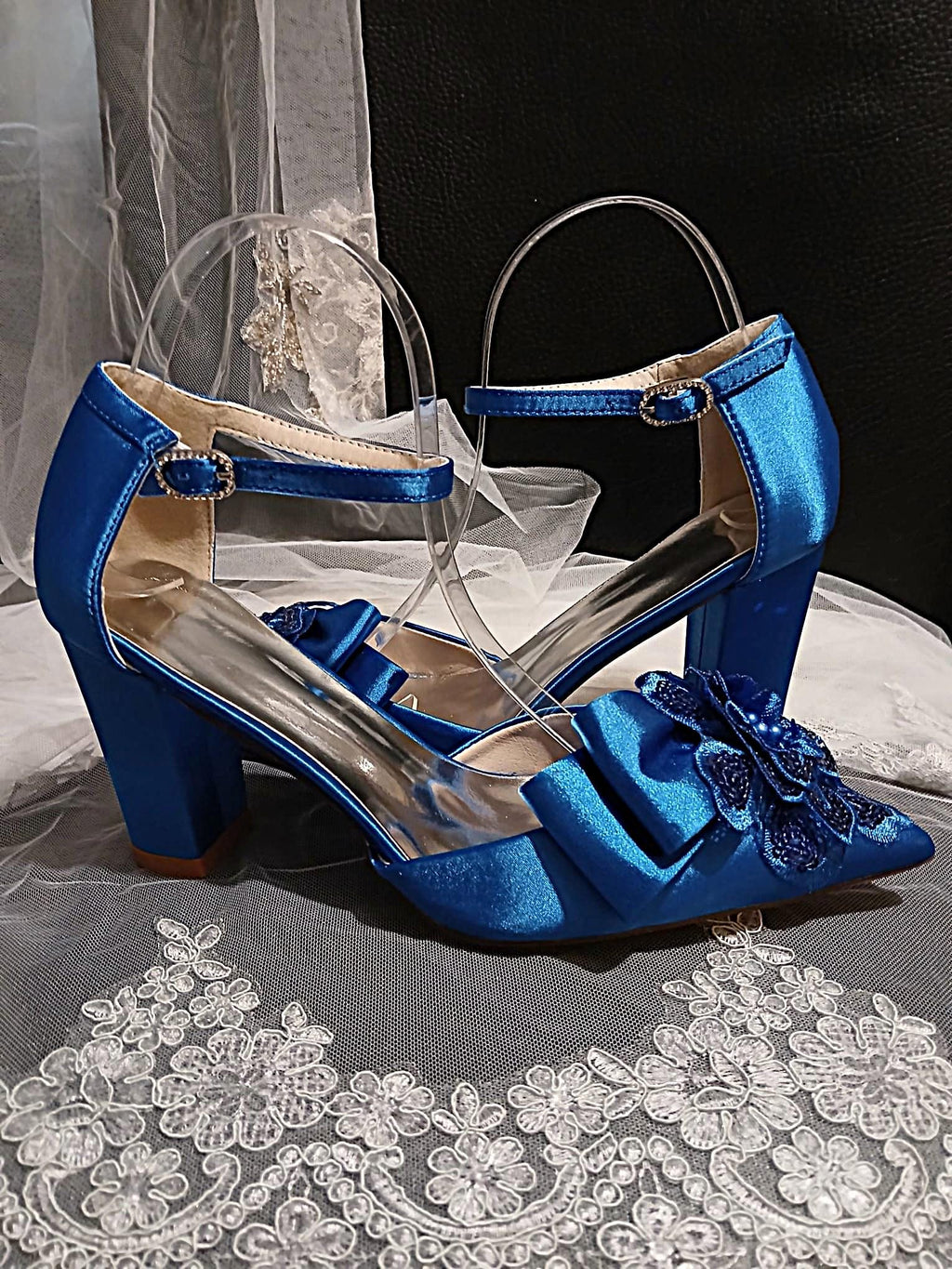 Royal Blue Floral Block Heel Shoe Set: Hat and Clutch, Formal Event Footwear