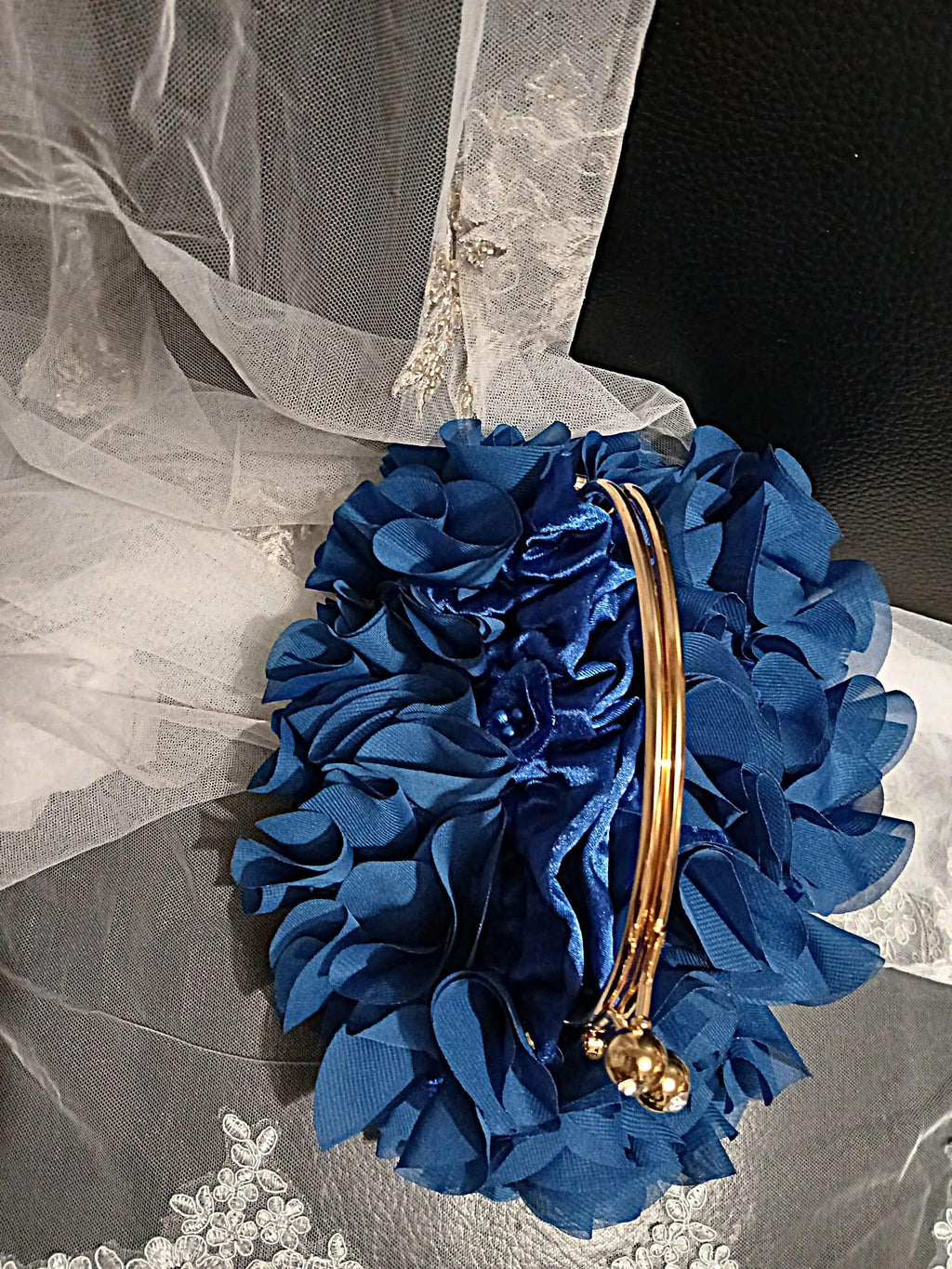 Royal Blue Chiffon Clutch Bag: Floral Wedding Handbag with Chain