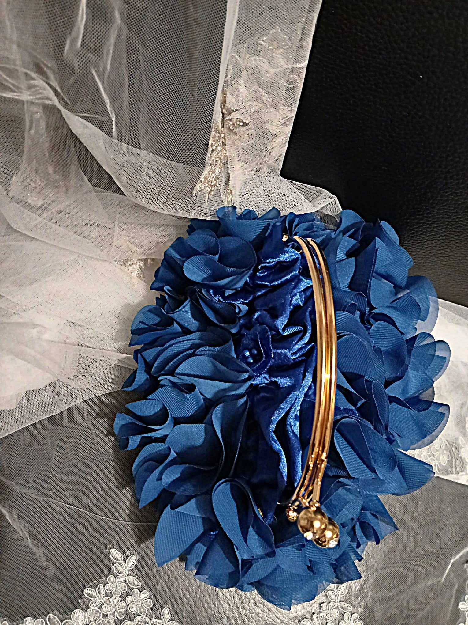 Royal Blue Chiffon Clutch Bag: Floral Wedding Handbag with Chain