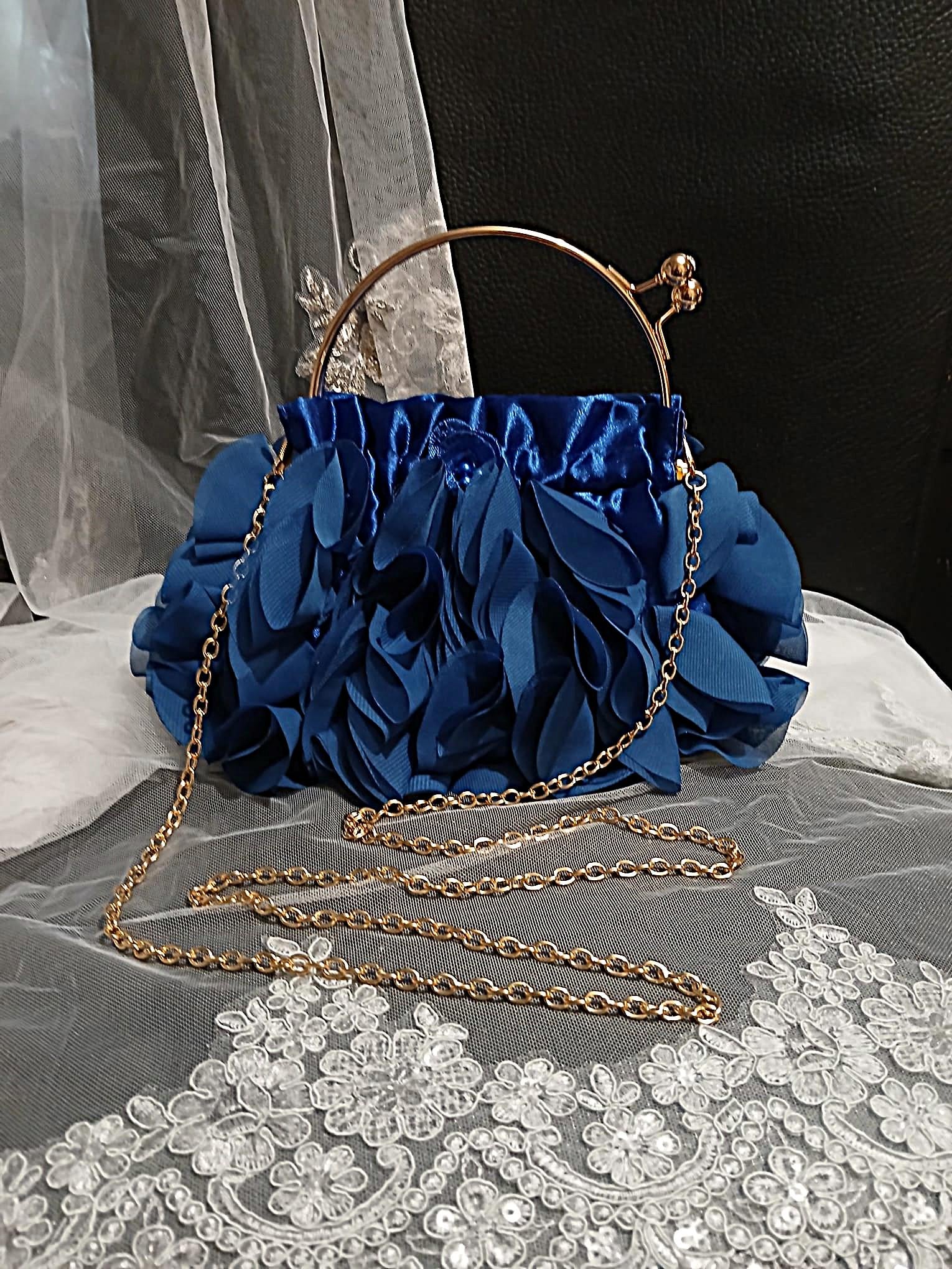 Floral Hat and Satin Clutch Bag Set: Royal Blue Formal Accessories