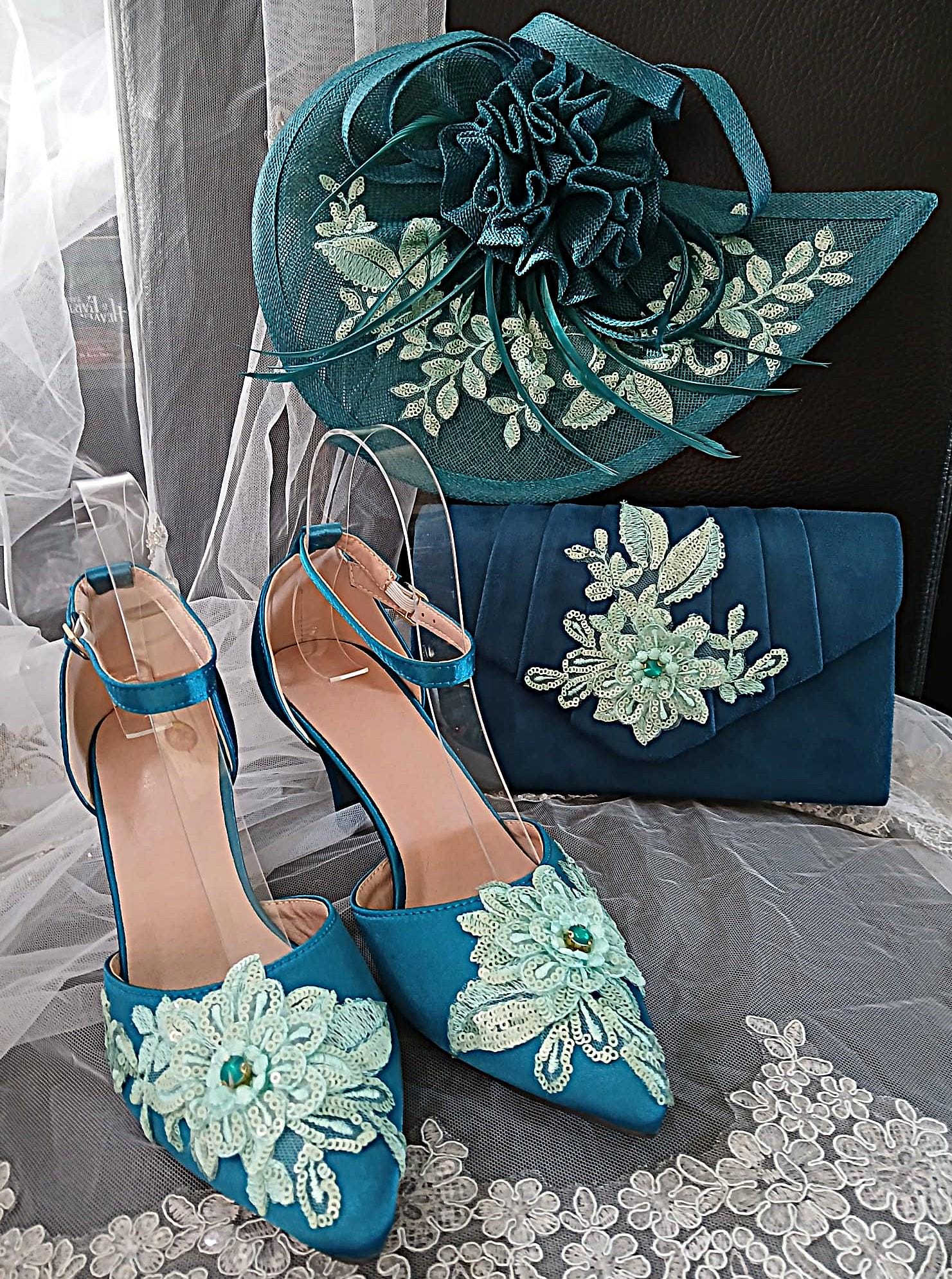 Teal Floral Design Fascinator Handbag And Shoe Set: Hat and Clutch, Formal Event Footwear