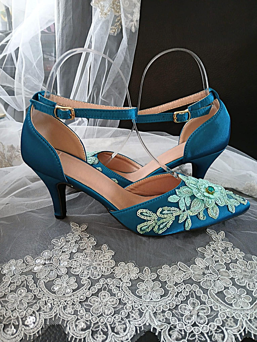 Teal Floral Design Fascinator Handbag And Shoe Set: Hat and Clutch, Formal Event Footwear