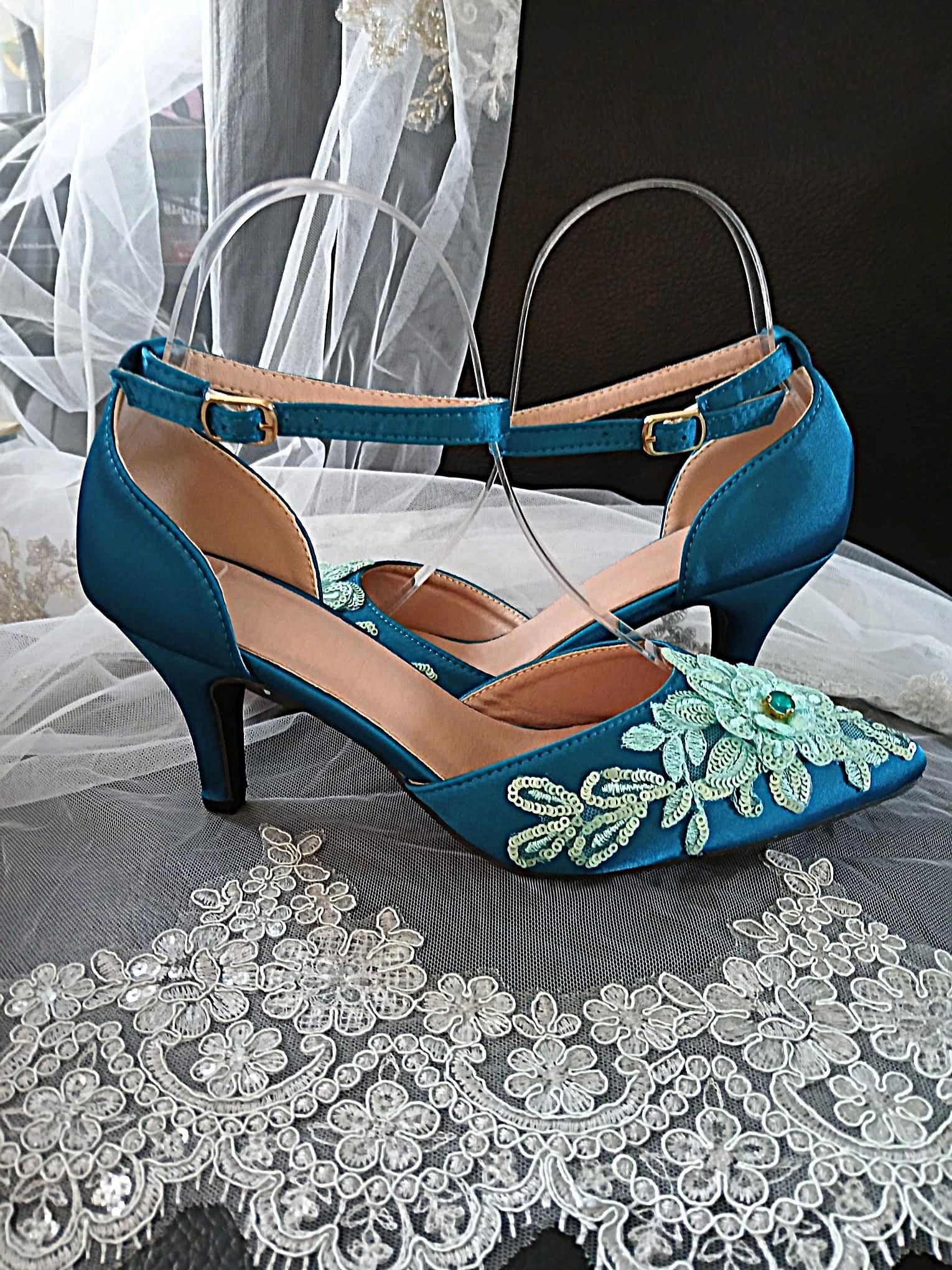 Teal Floral Design Fascinator Handbag And Shoe Set: Hat and Clutch, Formal Event Footwear