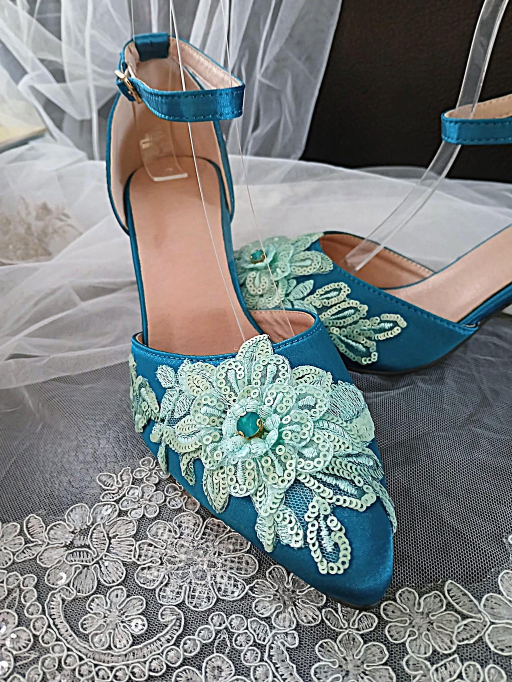 Teal Floral Design Fascinator Handbag And Shoe Set: Hat and Clutch, Formal Event Footwear