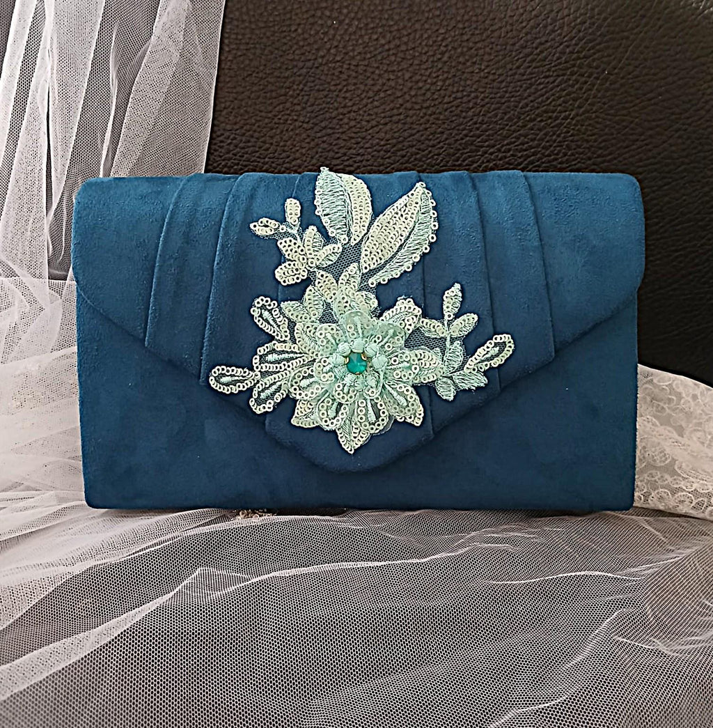 Teal Floral Hat & Satin Clutch Bag Set: Formal Event Accessories