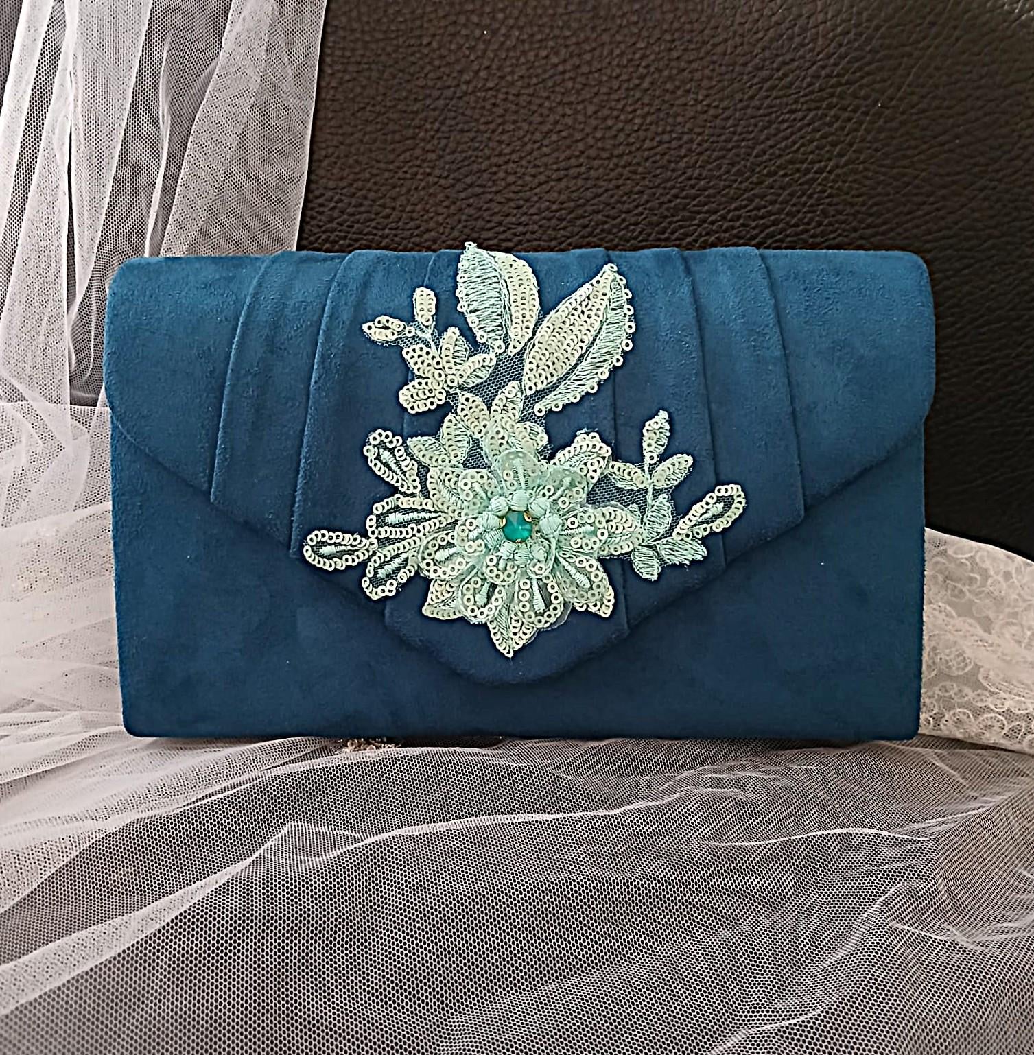 Teal Floral Hat & Satin Clutch Bag Set: Formal Event Accessories