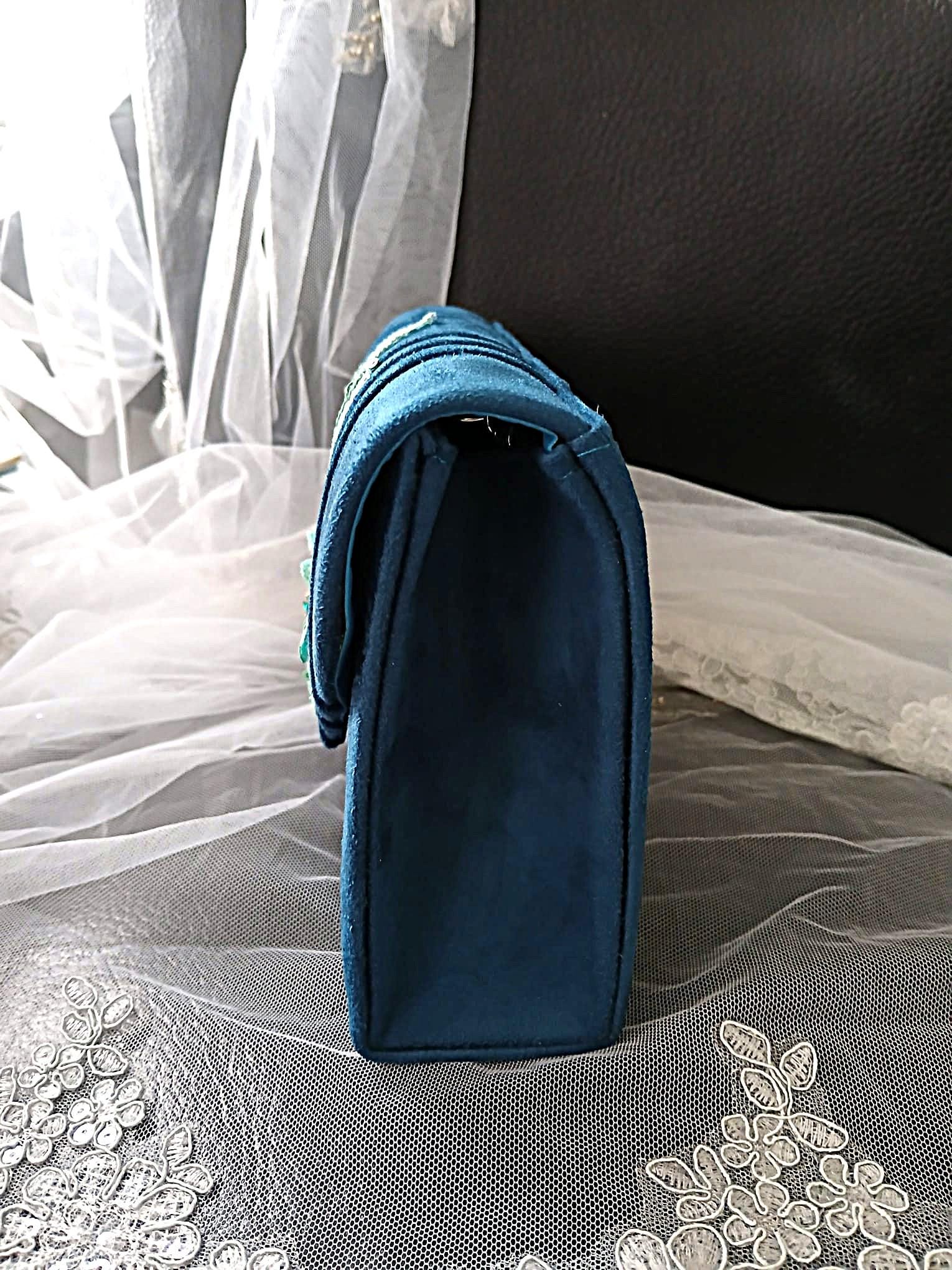 Peacock Blue Suede Evening Clutch Bag: Teal Wedding Handbag