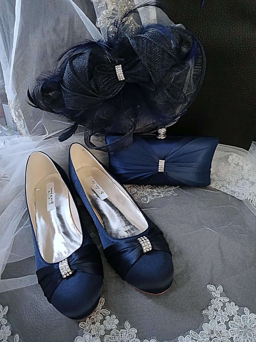 Navy Blue Classic Flat Shoes Set : Flats Hat and Clutch Bag, Formal Event Footwear