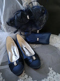 Navy Blue Classic Flat Shoes Set : Flats Hat and Clutch Bag, Formal Event Footwear