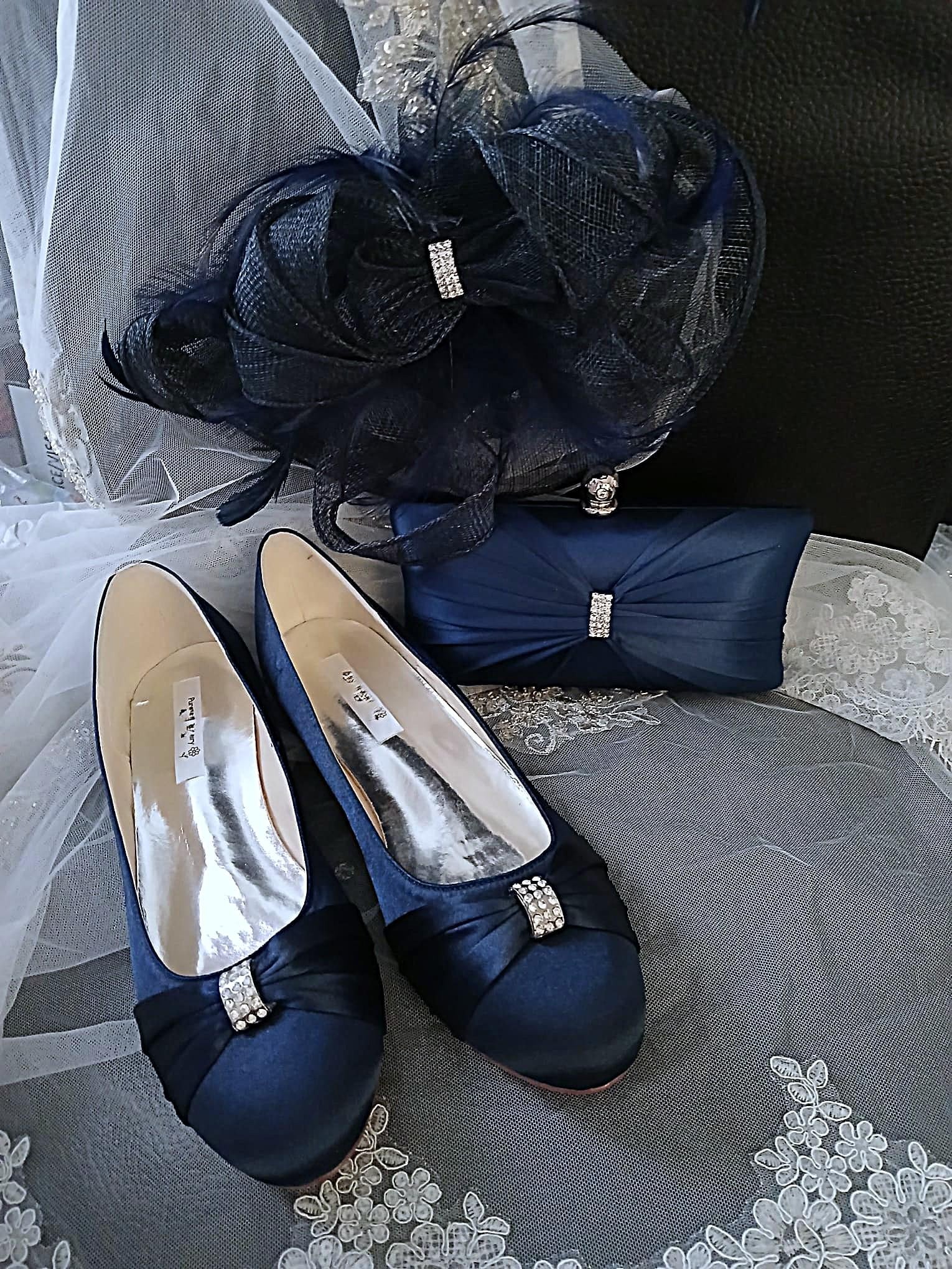 Navy Blue Classic Flat Shoes Set : Flats Hat and Clutch Bag, Formal Event Footwear