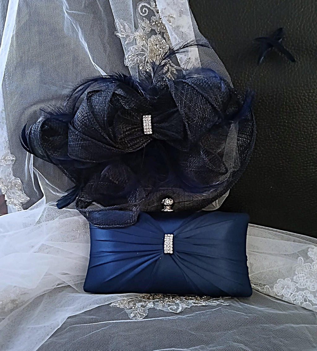 Navy Blue Classic Hat & Satin Clutch Bag Set: Formal Event Accessories