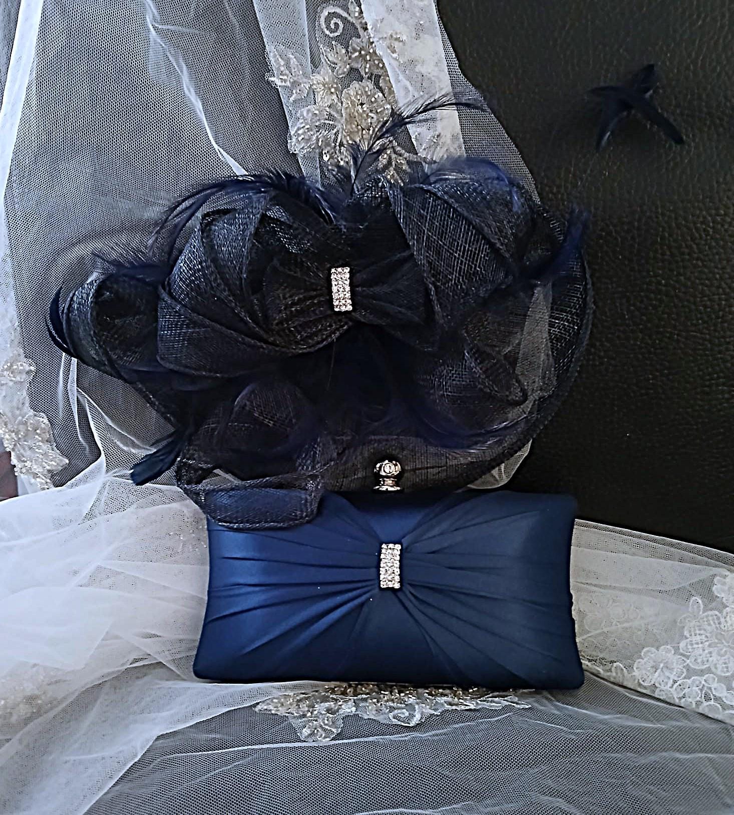 Navy Blue Classic Hat & Satin Clutch Bag Set: Formal Event Accessories