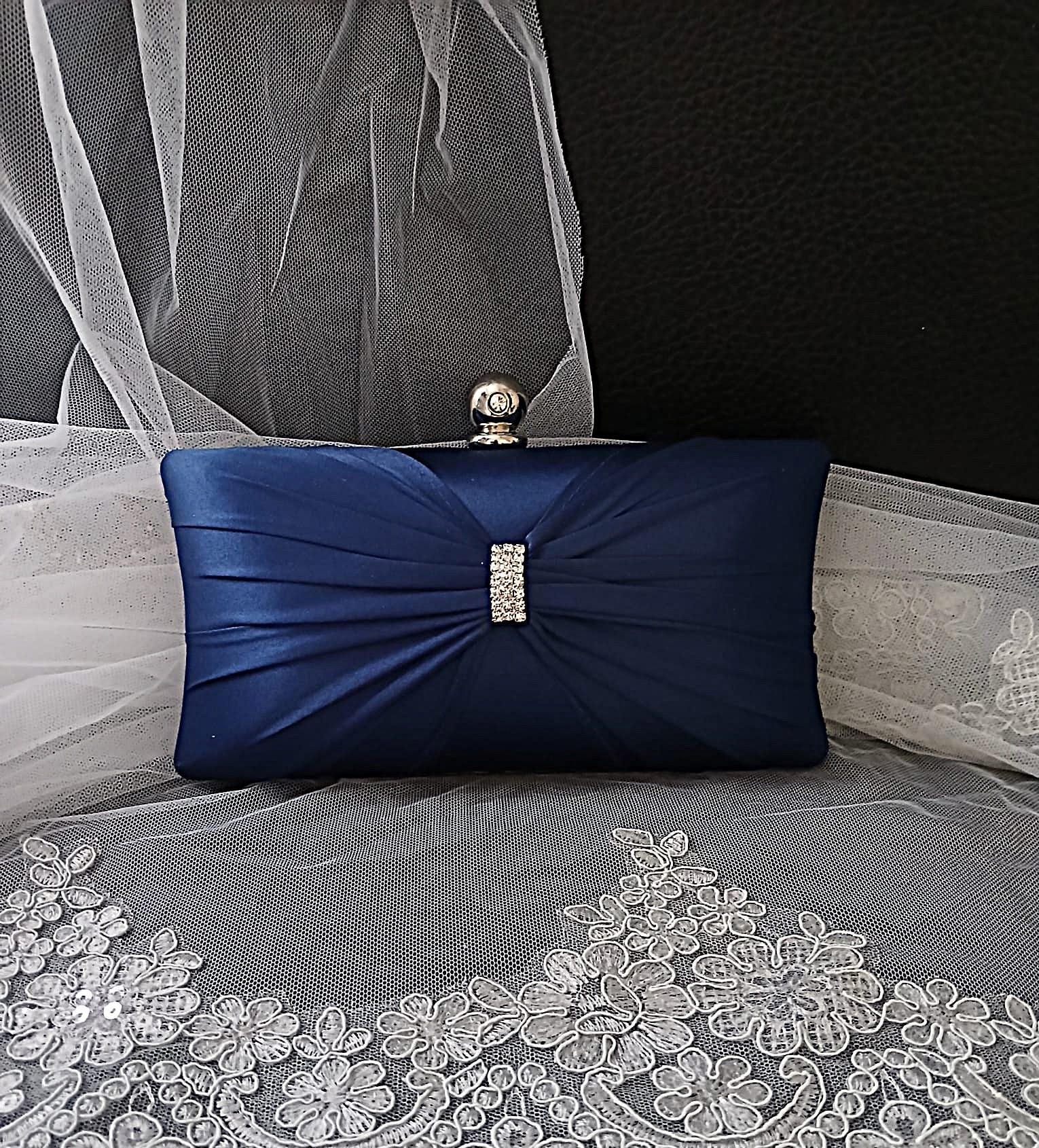Navy Blue Classic Hat & Satin Clutch Bag Set: Formal Event Accessories