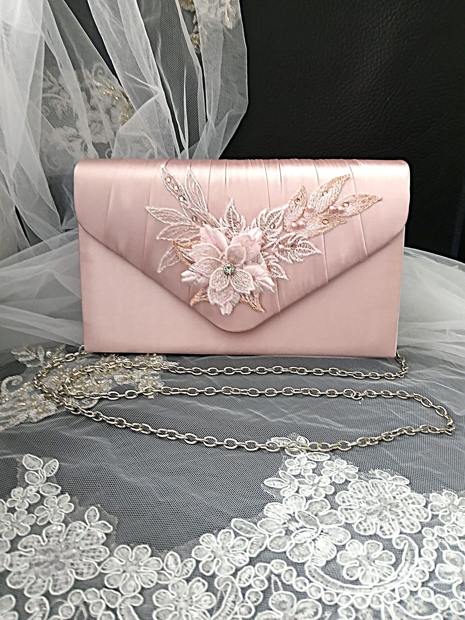 Pink Floral Hat & Satin Bridal Clutch Bag Set For Formal Event, Accessories For Bridesmaid