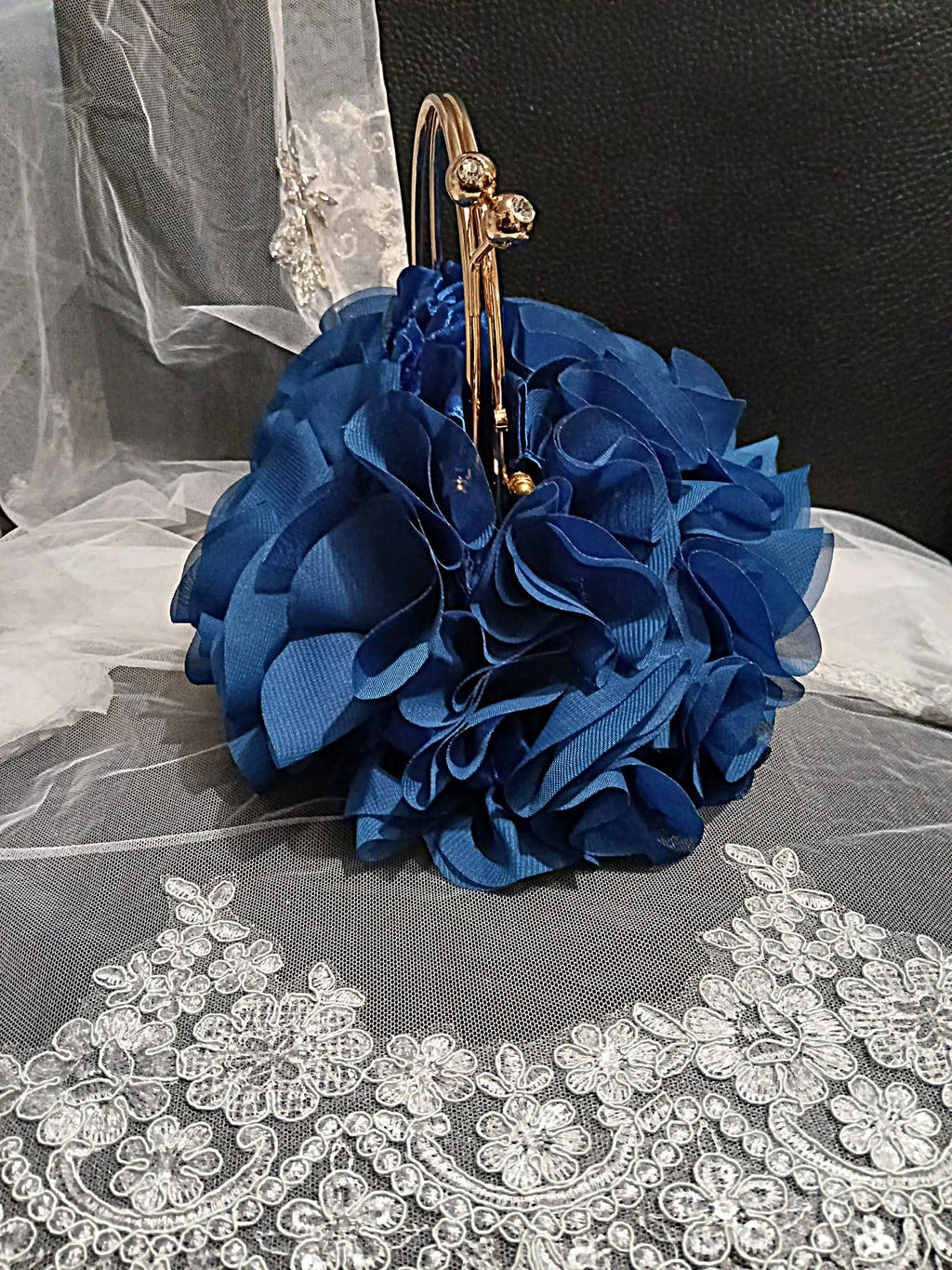 Royal Blue Chiffon Clutch Bag: Floral Wedding Handbag with Chain