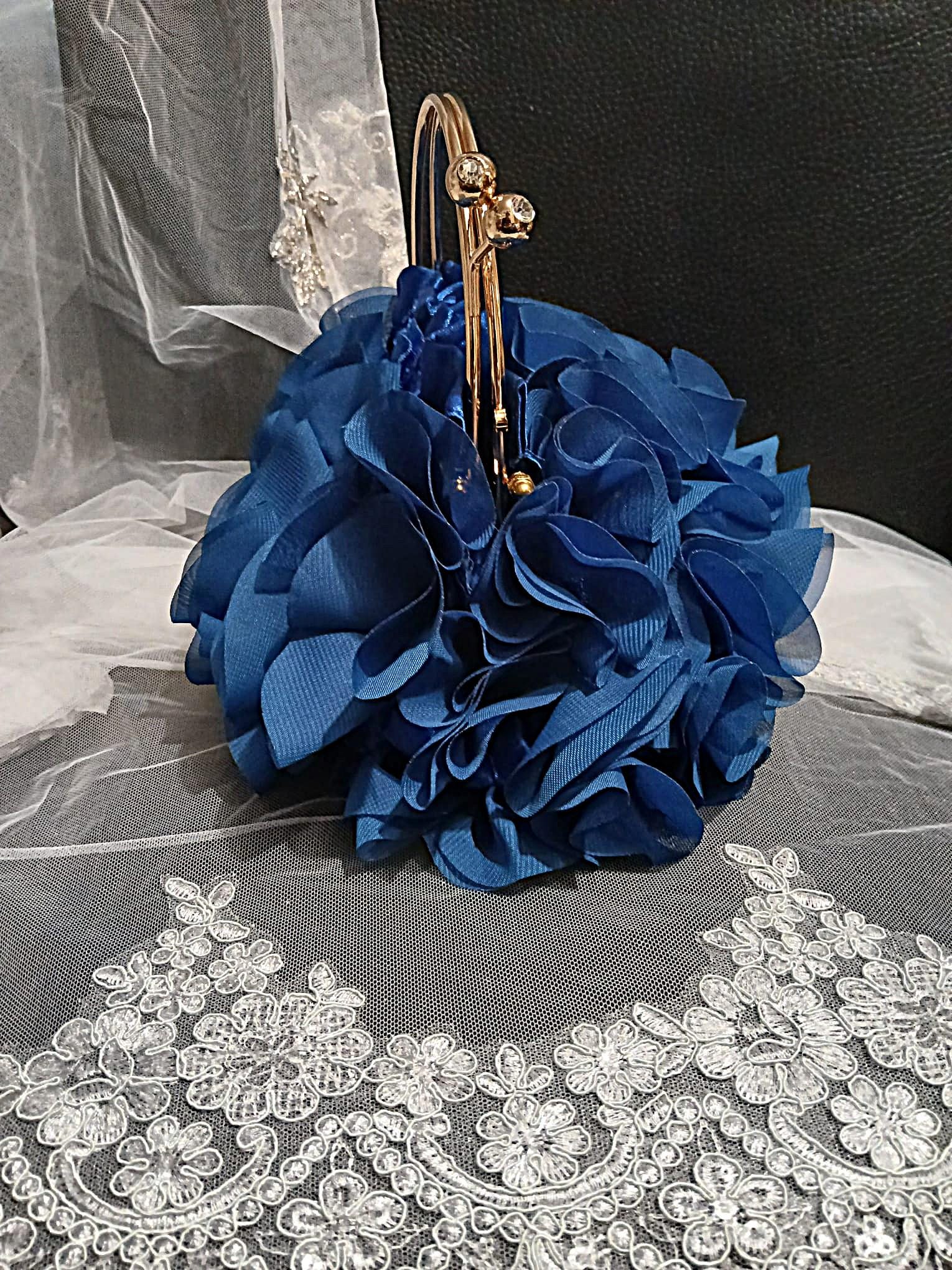 Royal Blue Chiffon Clutch Bag: Floral Wedding Handbag with Chain