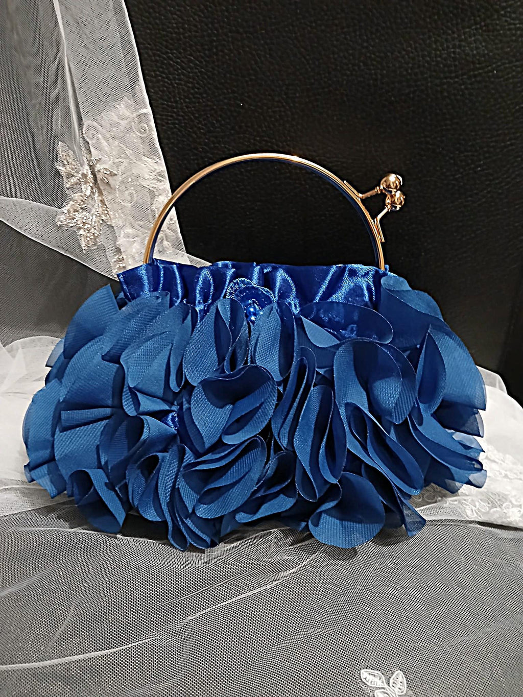 Floral Hat and Satin Clutch Bag Set: Royal Blue Formal Accessories