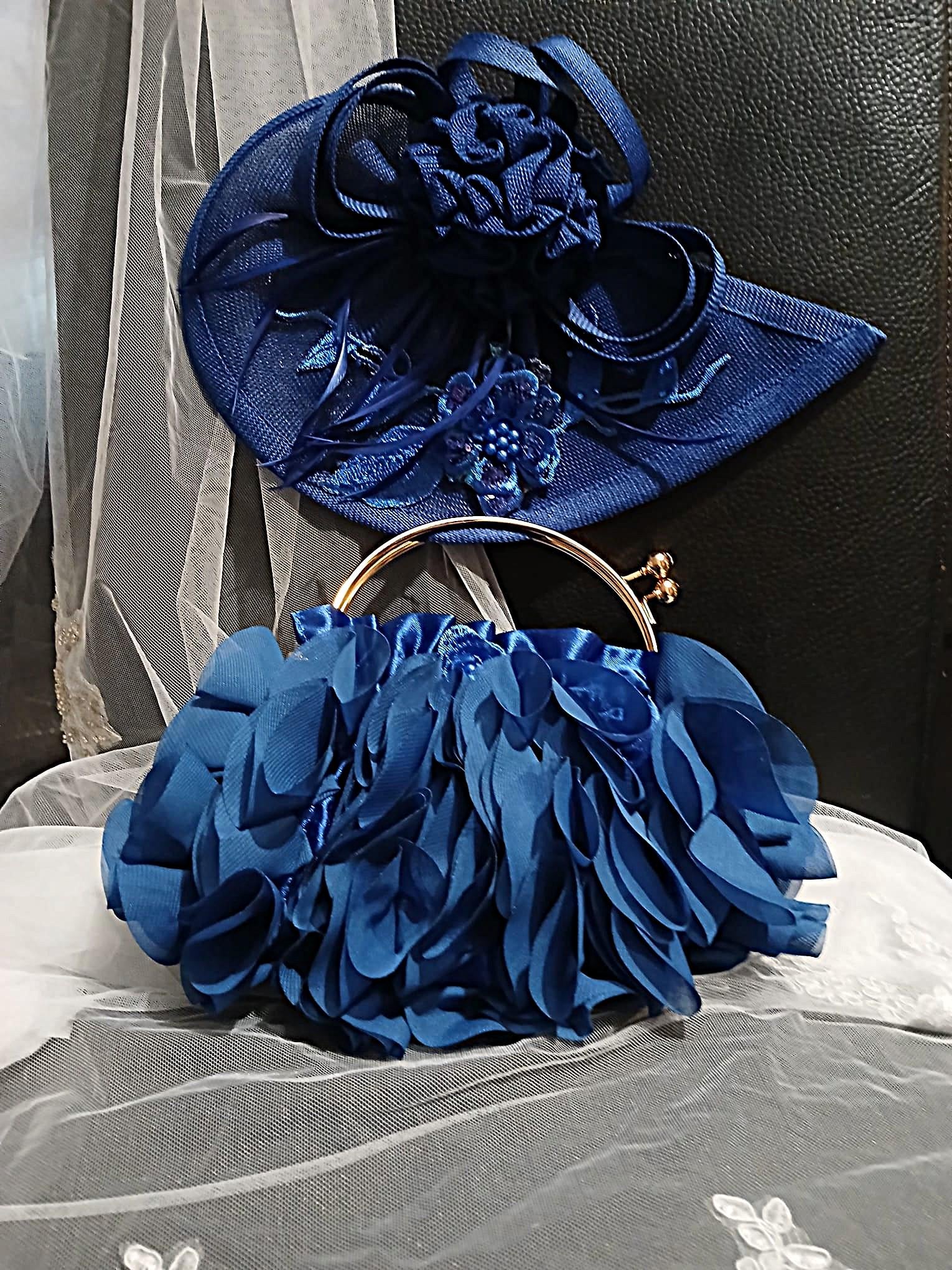 Floral Hat and Satin Clutch Bag Set: Royal Blue Formal Accessories