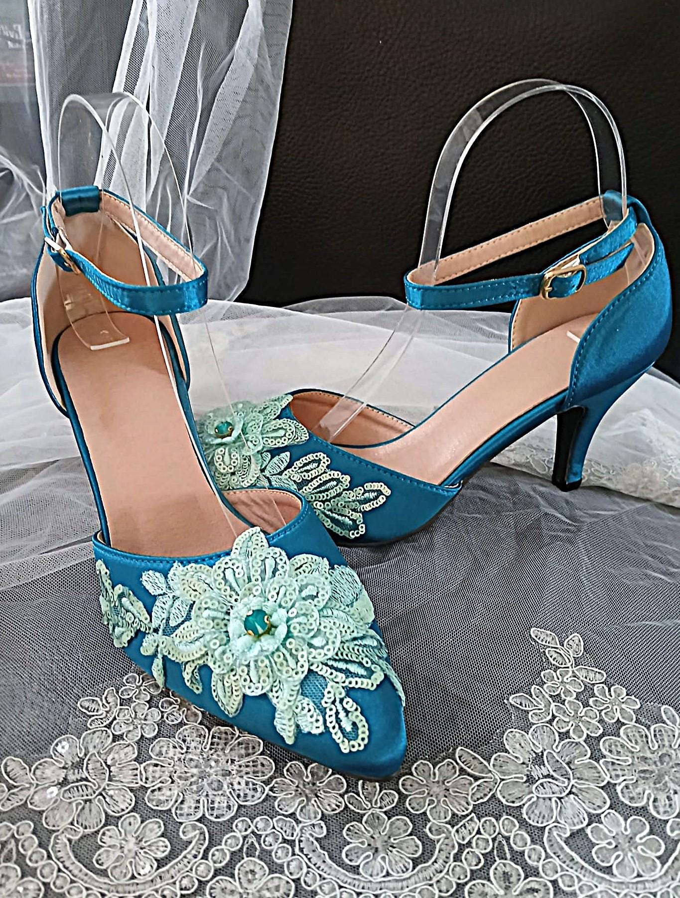 Teal Floral Design Fascinator Handbag And Shoe Set: Hat and Clutch, Formal Event Footwear