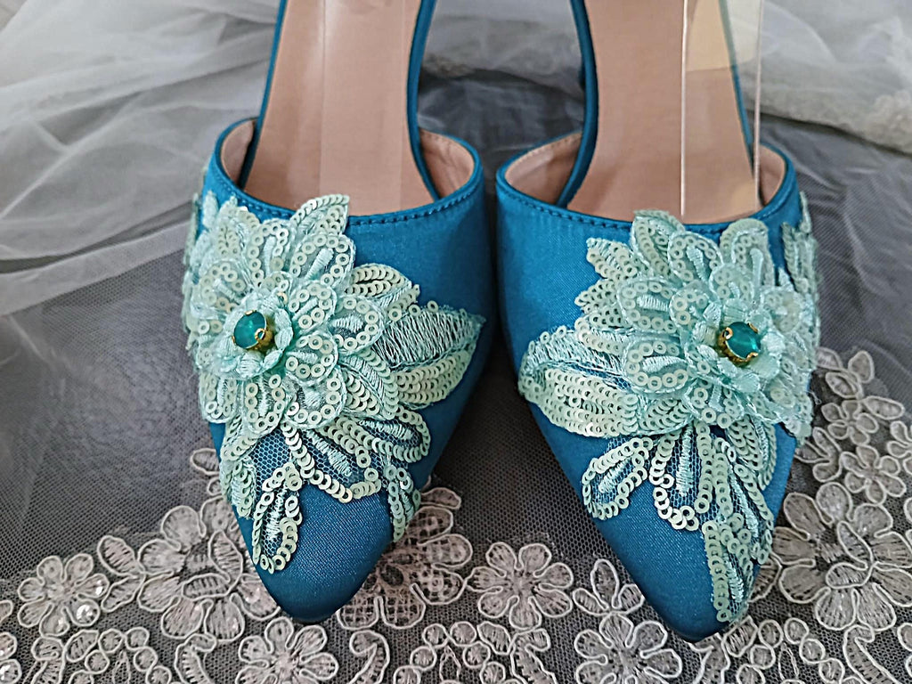 Teal Floral Design Fascinator Handbag And Shoe Set: Hat and Clutch, Formal Event Footwear