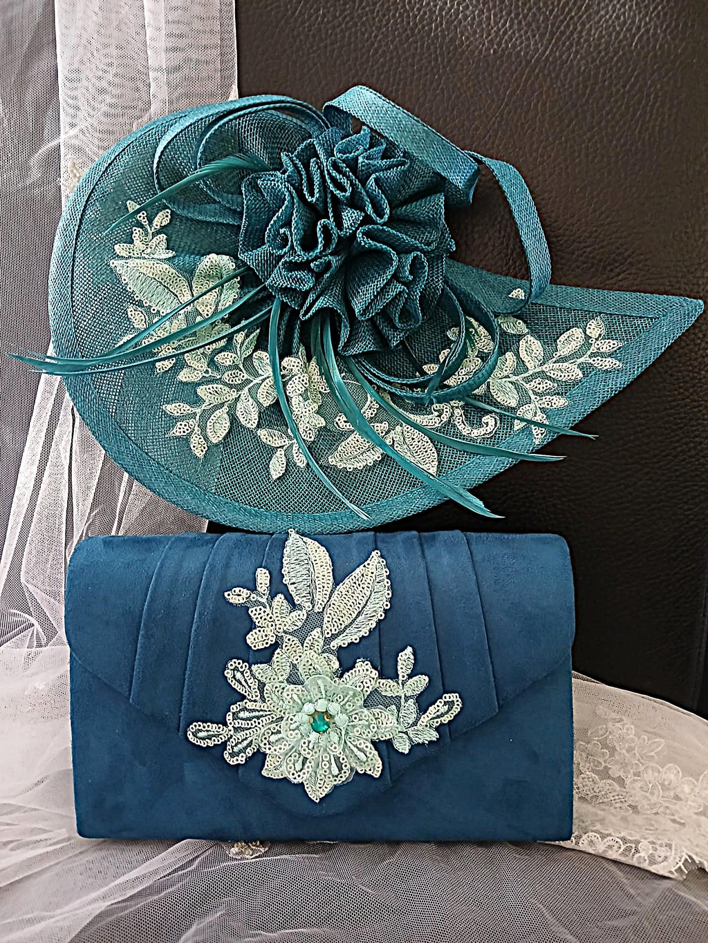 Teal Floral Hat & Satin Clutch Bag Set: Formal Event Accessories