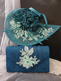 Teal Floral Hat & Satin Clutch Bag Set: Formal Event Accessories