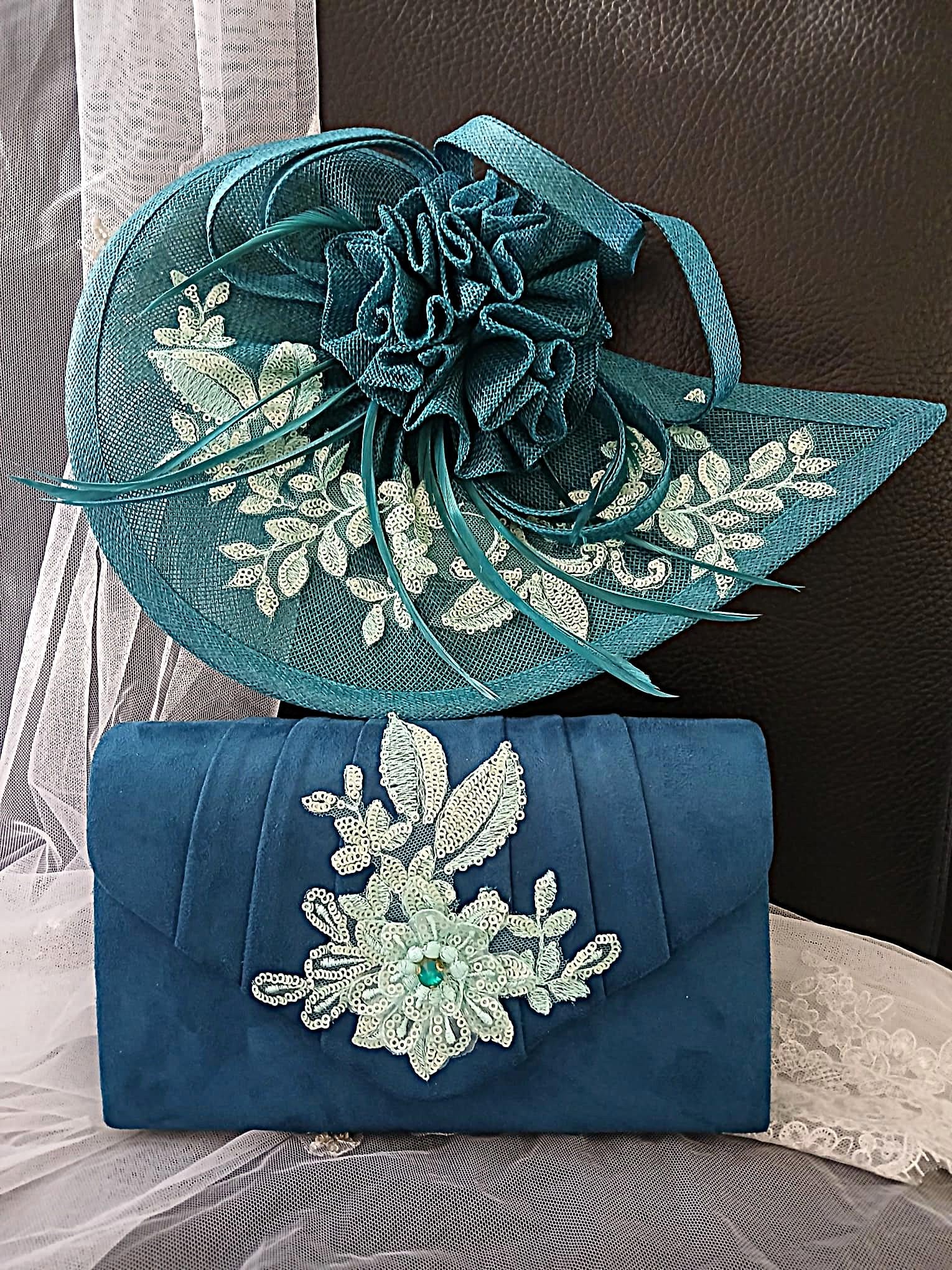 Teal Floral Hat & Satin Clutch Bag Set: Formal Event Accessories