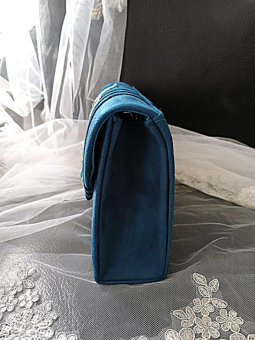 Teal Floral Hat & Satin Clutch Bag Set: Formal Event Accessories