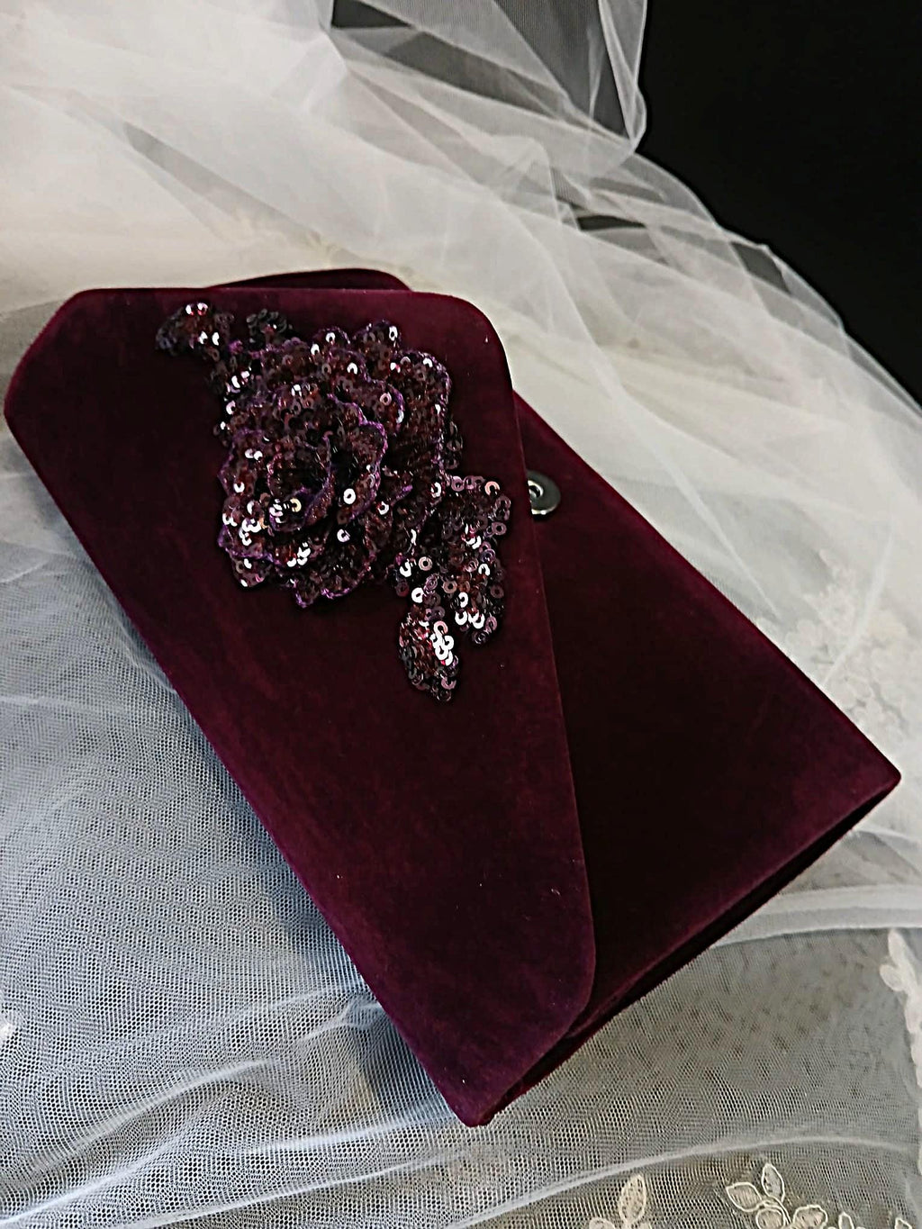 Dark Purple Velvet Evening ClutchBag, Floral Handbag For Formal Event