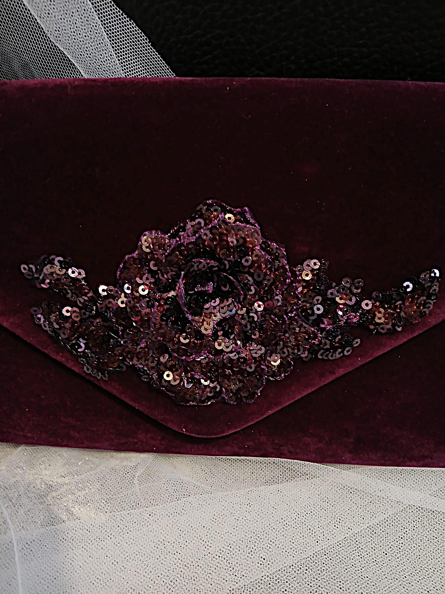 Dark Purple Velvet Evening ClutchBag, Floral Handbag For Formal Event