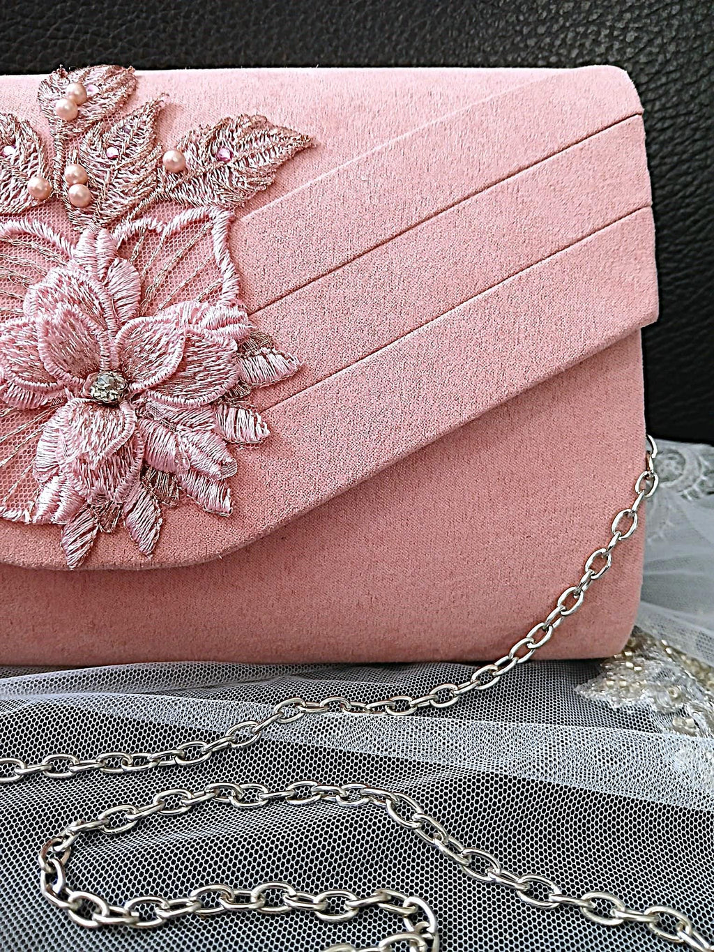 Dusky Pink Floral Fascinator Hat & Suede Clutch Bag Set For Party Or Formal Event