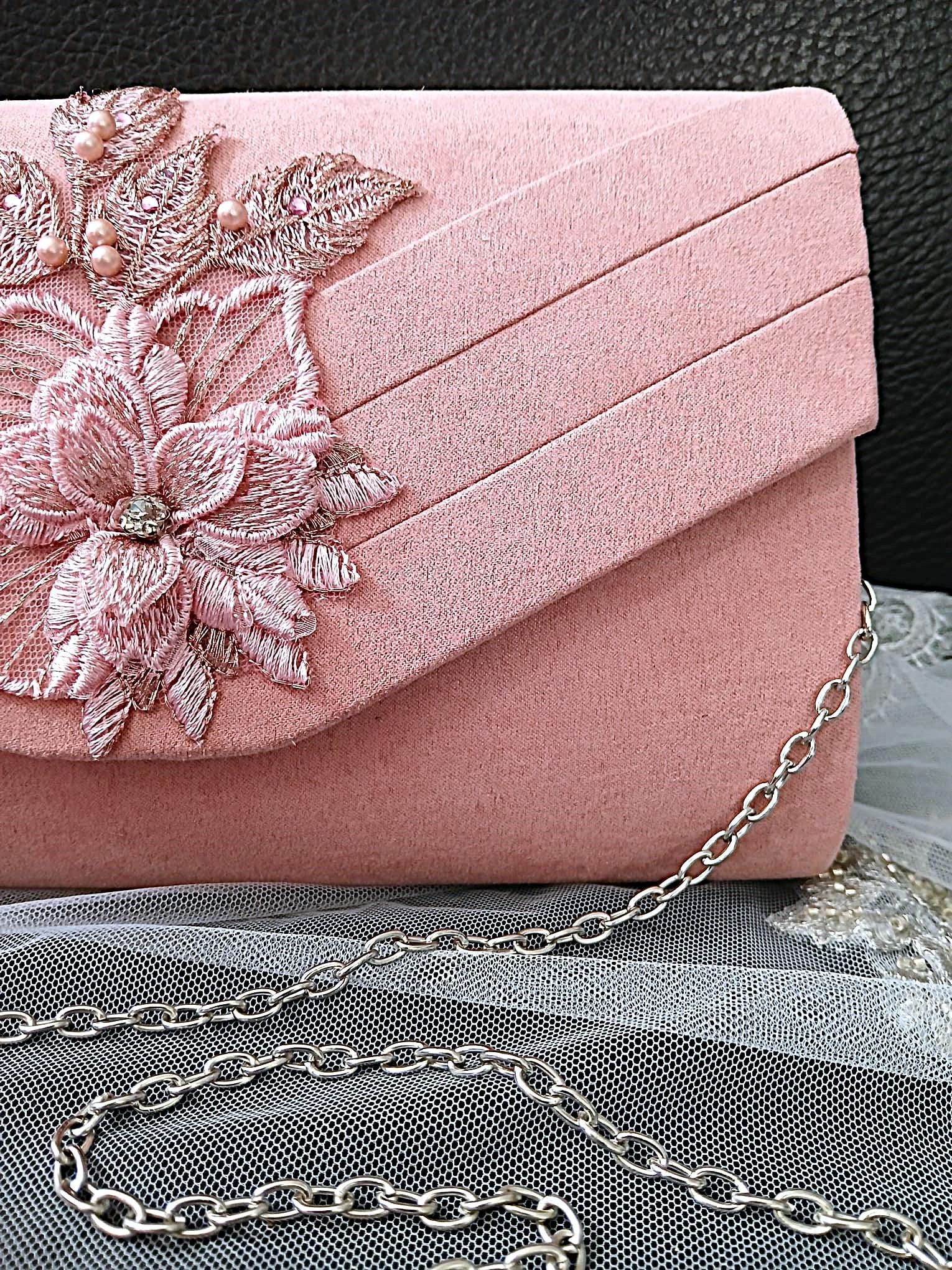 Dusky Pink Floral Fascinator Hat & Suede Clutch Bag Set For Party Or Formal Event
