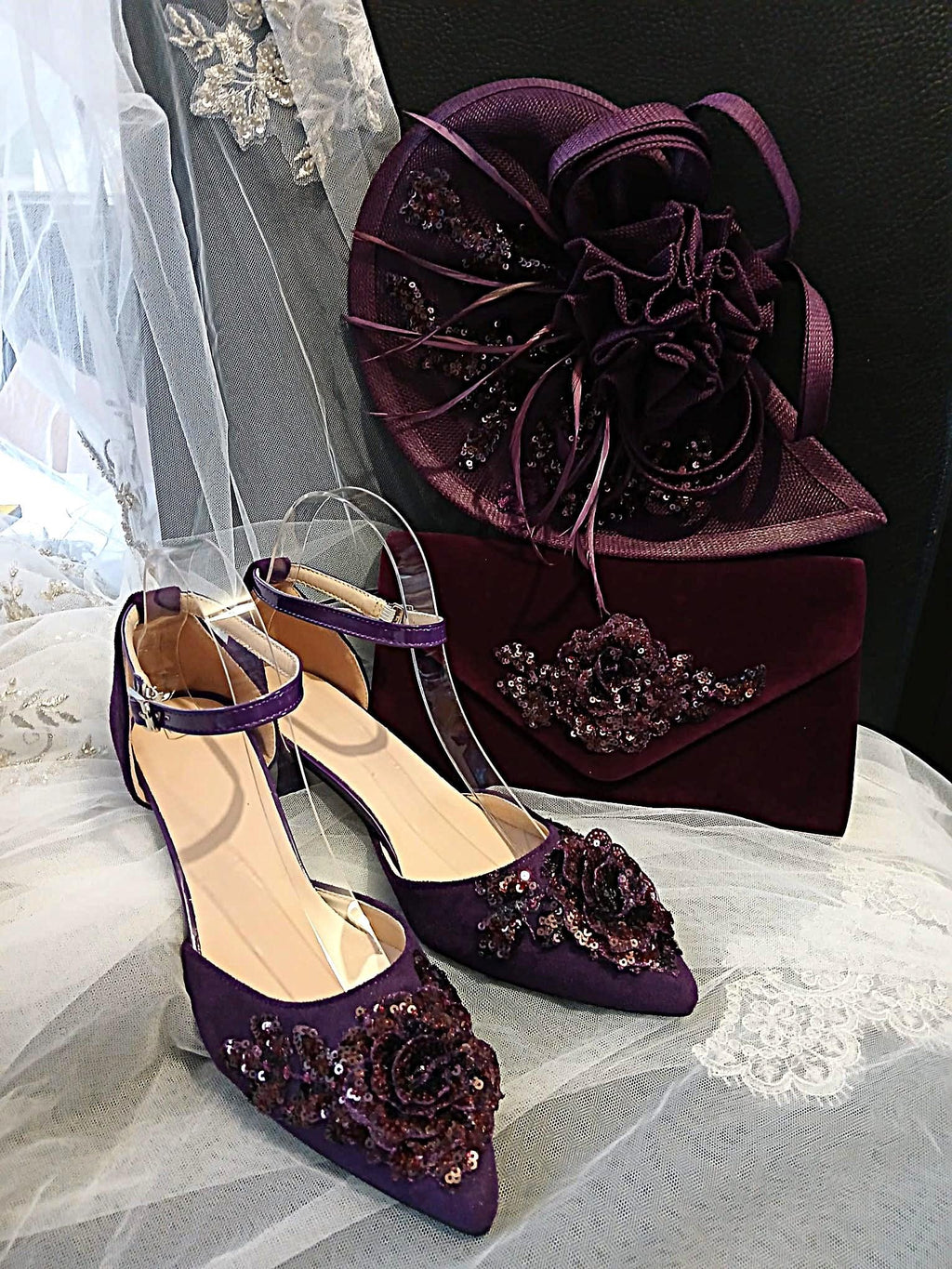Purple Suede Shoe Set: Handmade Clutch & Hat, Formal Accessory