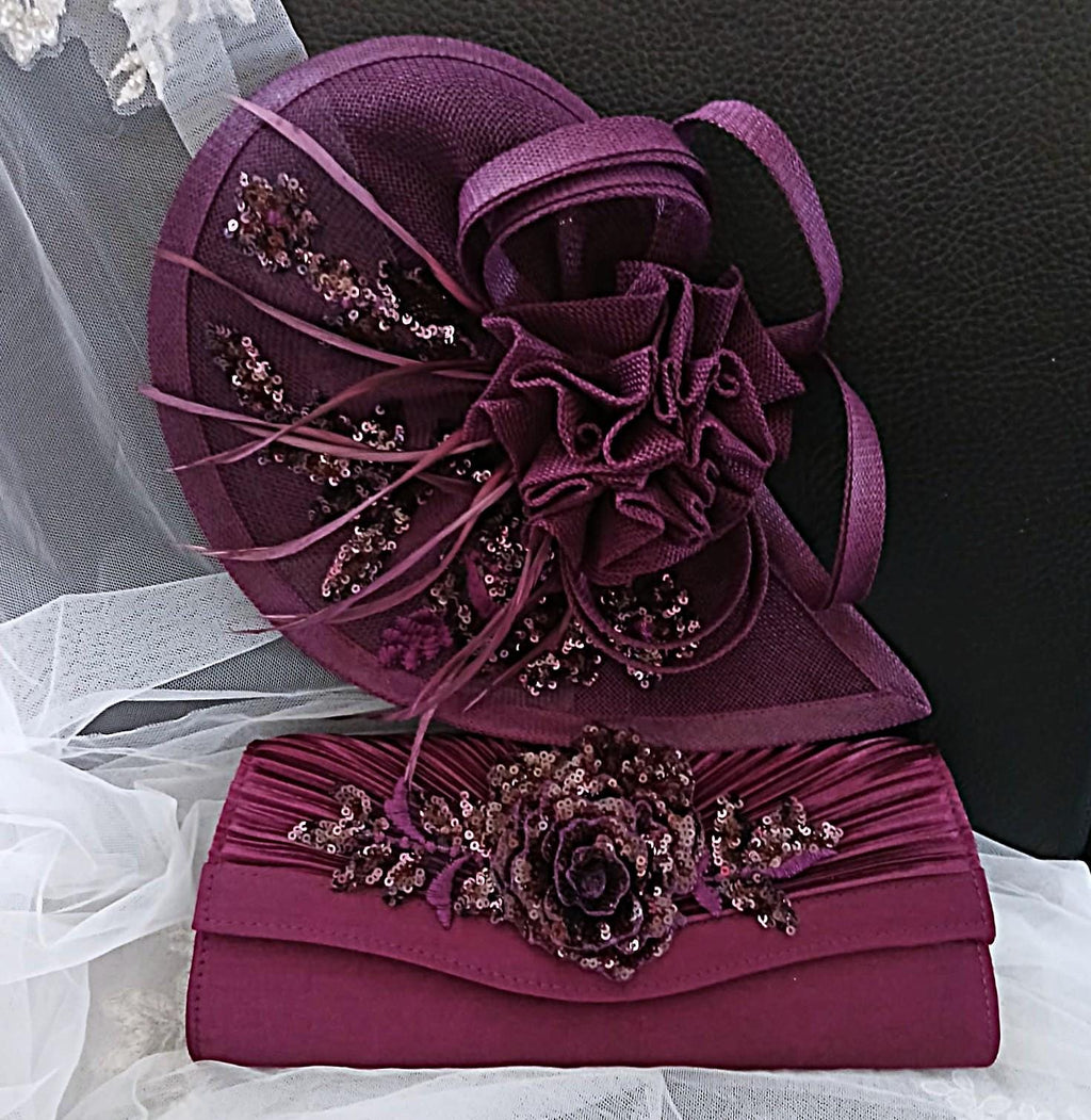 Purple Floral Hat & Satin Clutch Bag Set: Formal Occasion Accessories